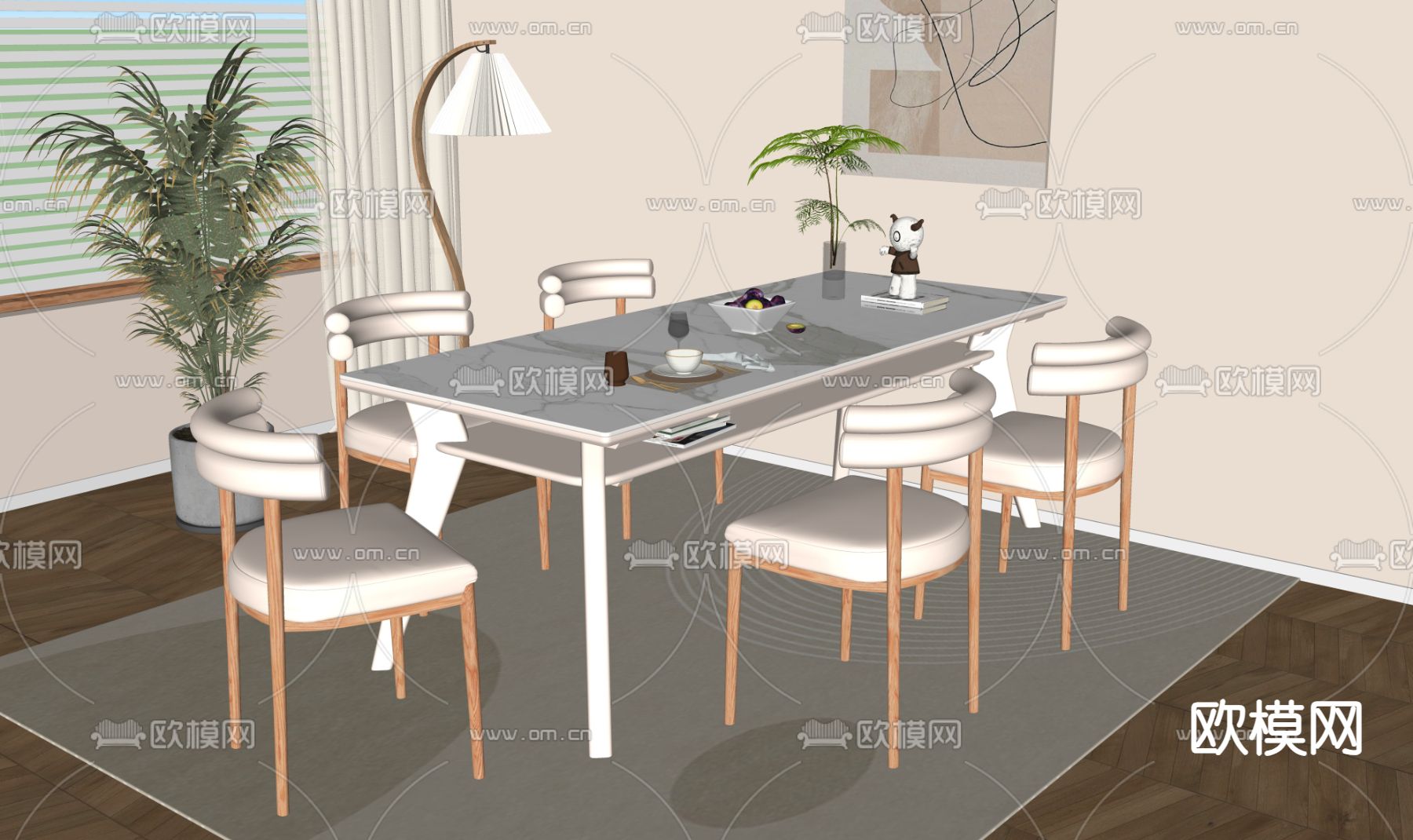 奶油风餐桌椅su模型下载（渲染图3）