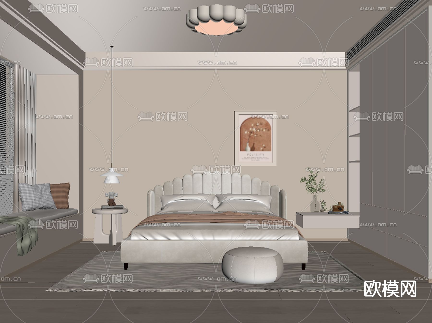 奶油风卧室su模型下载（渲染图2）