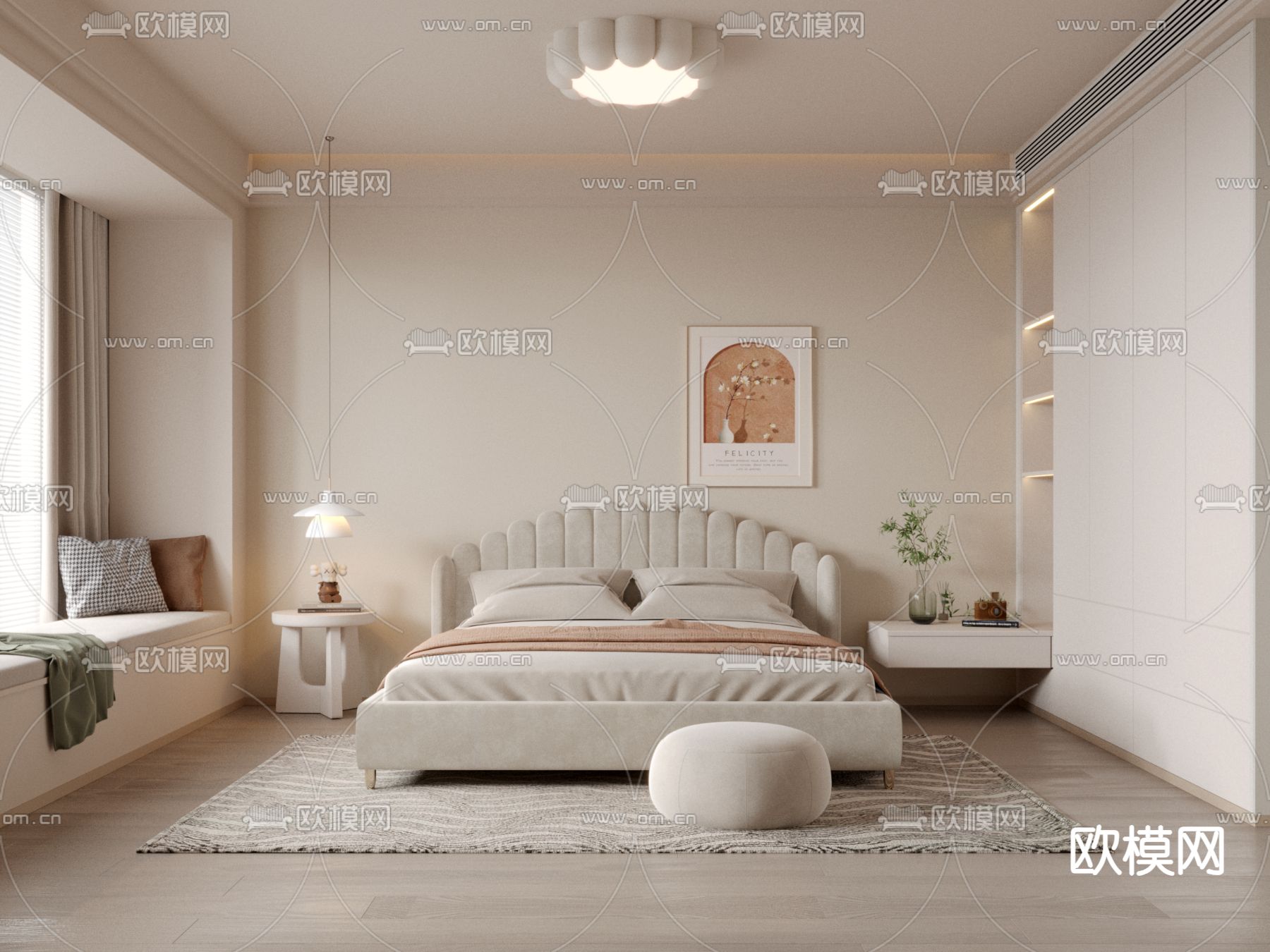 奶油风卧室su模型下载（渲染图1）