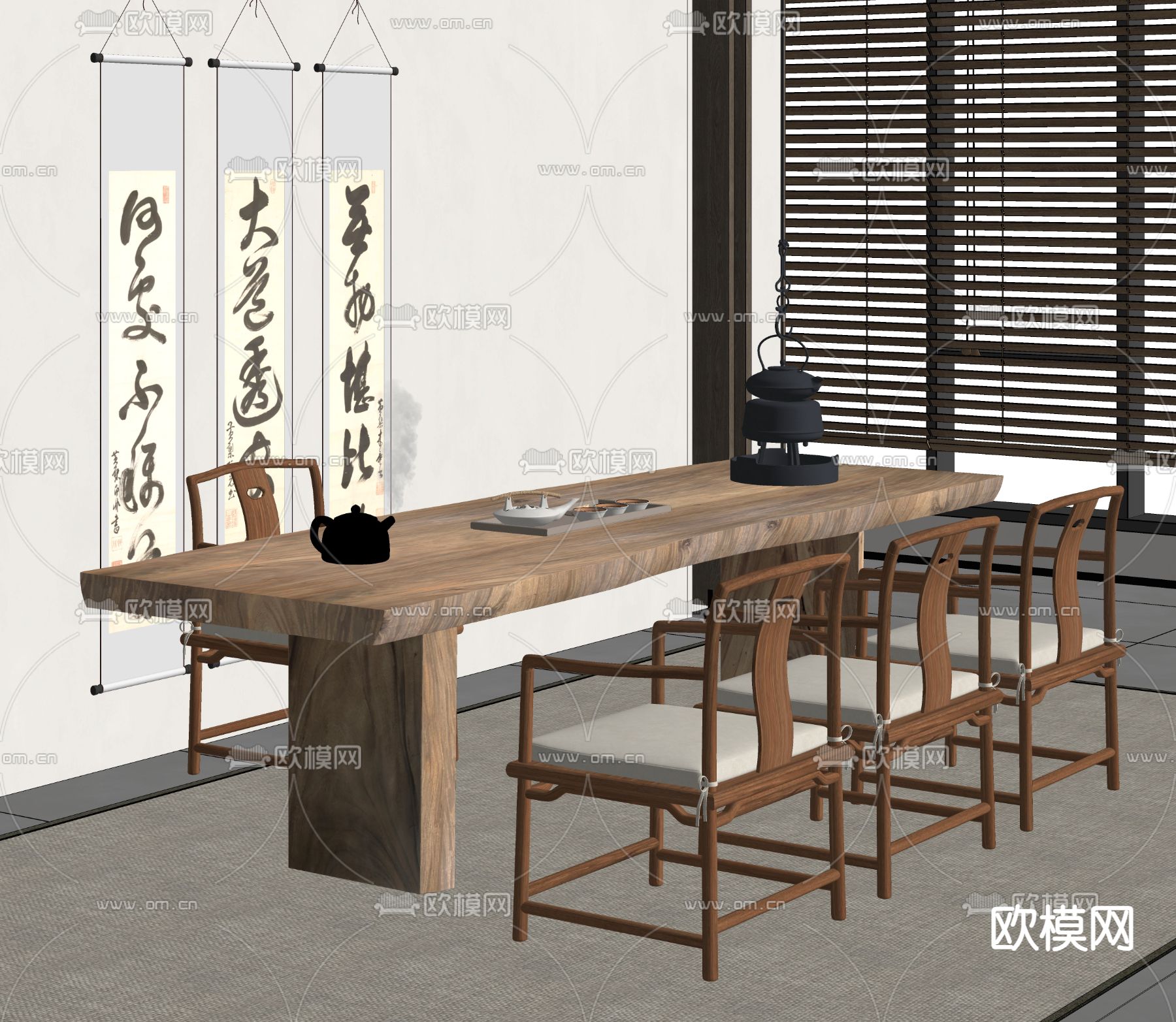 新中式茶桌椅su模型下载（渲染图2）