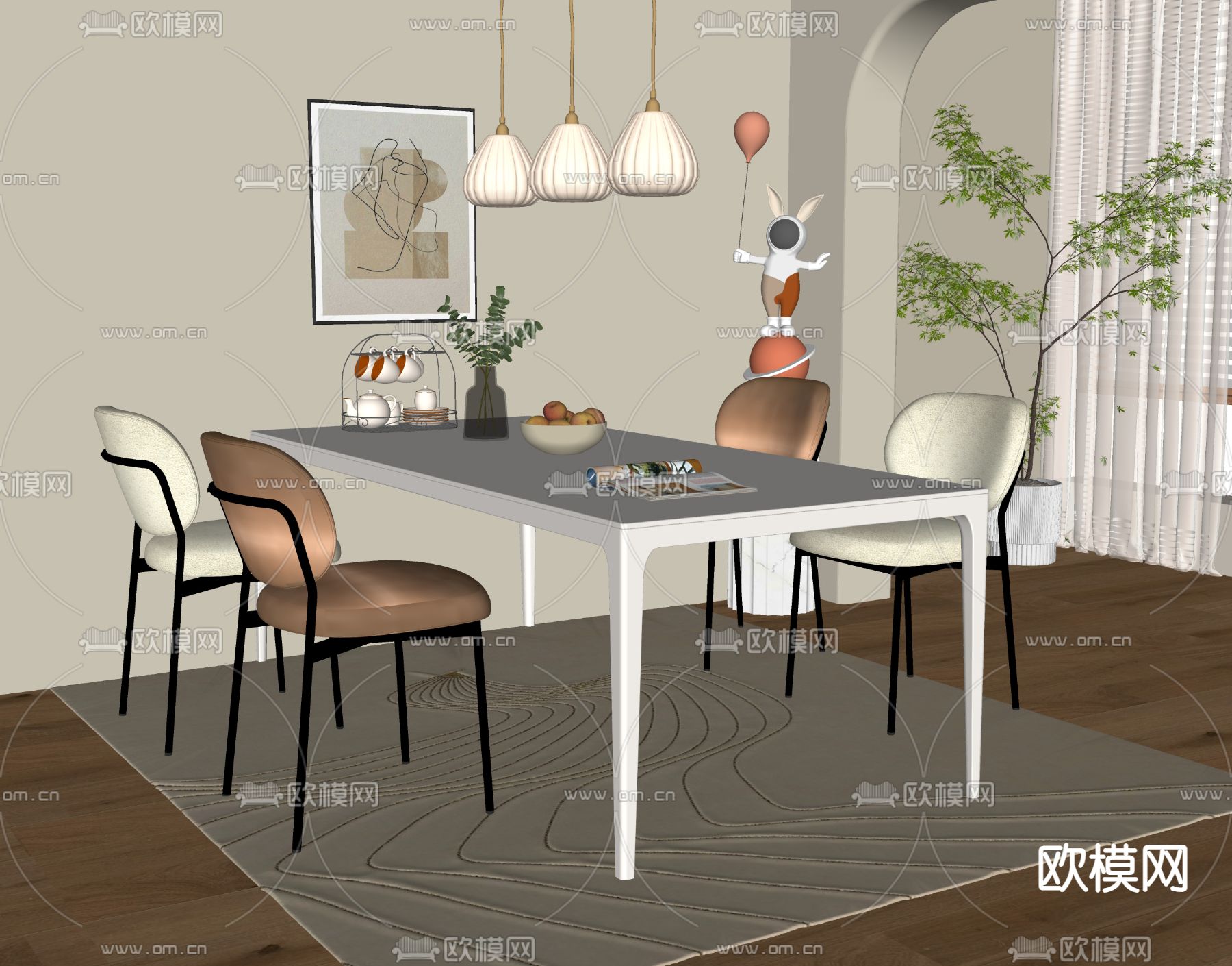 奶油风餐桌椅su模型下载（渲染图3）