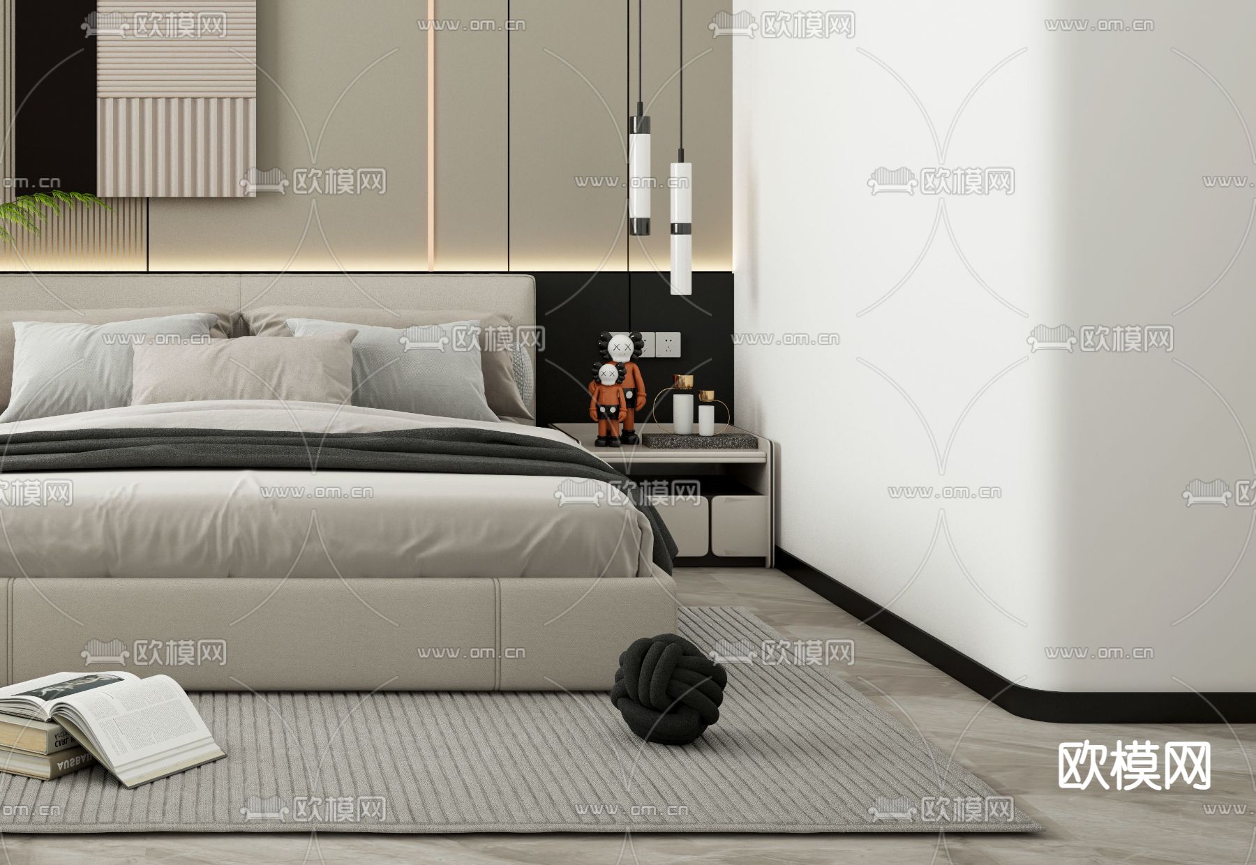 高级灰双人床3d模型下载（渲染图2）