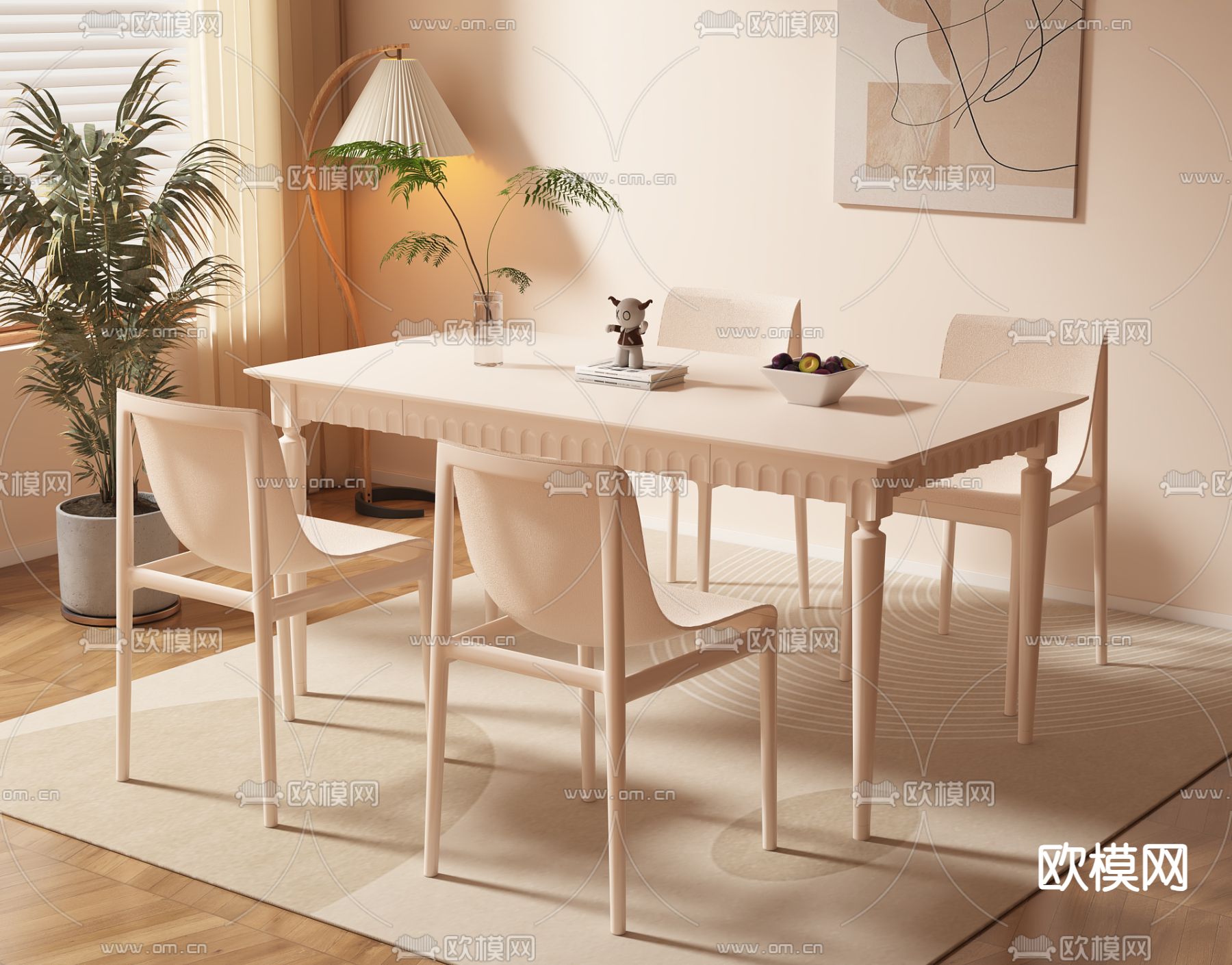 奶油风餐桌椅3d模型下载（渲染图1）
