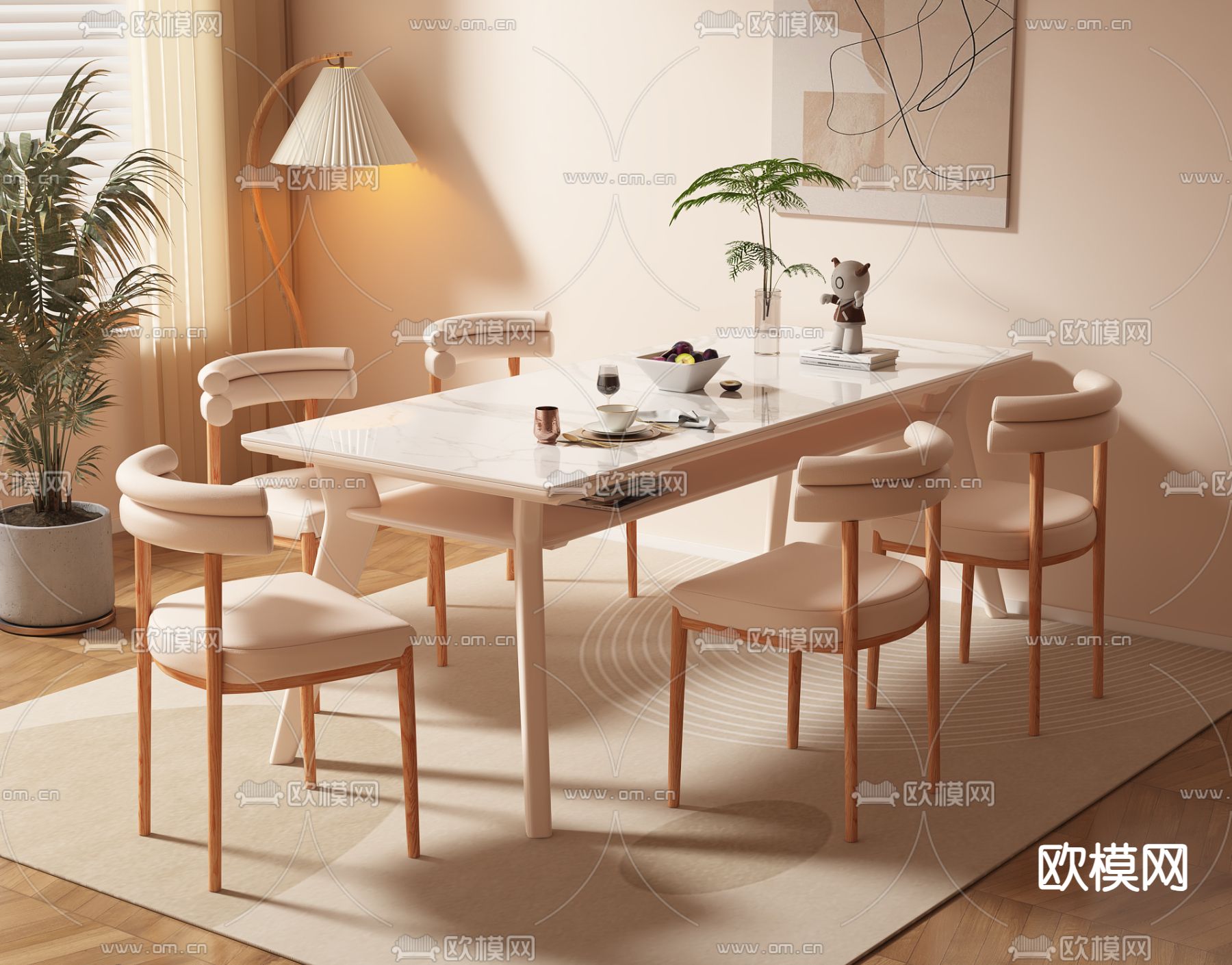 奶油风餐桌椅su模型下载（渲染图1）