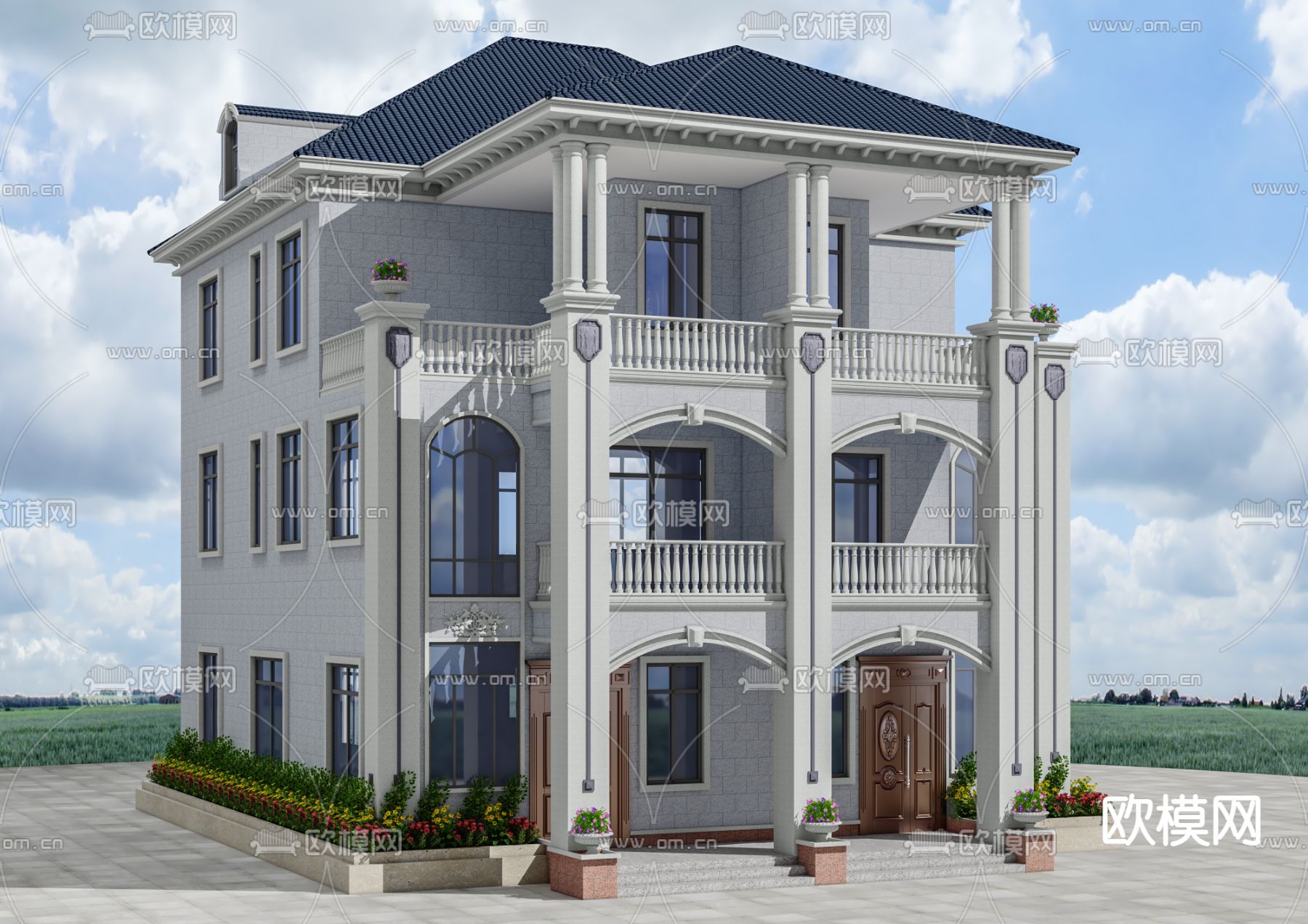 独栋别墅外观3d模型下载（渲染图1）