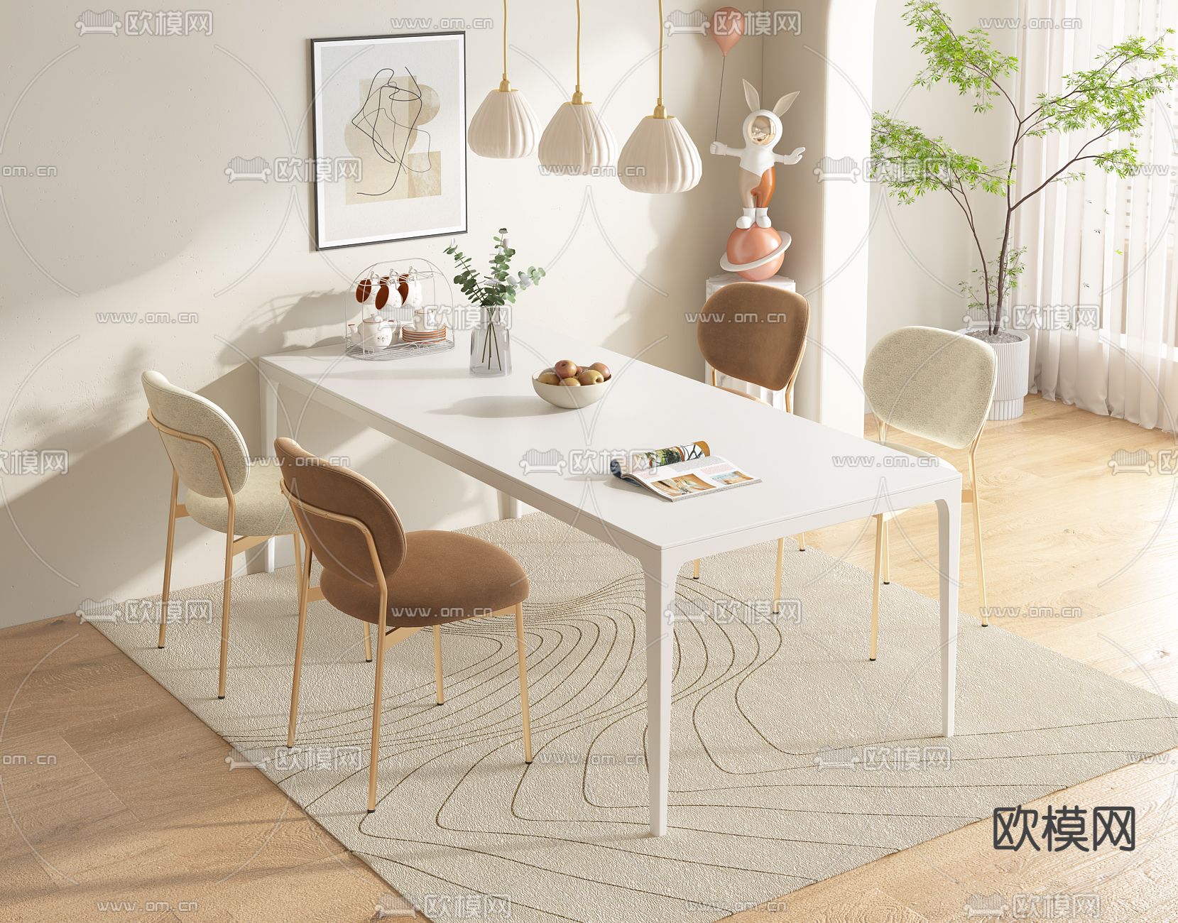 奶油风餐桌椅su模型下载（渲染图2）