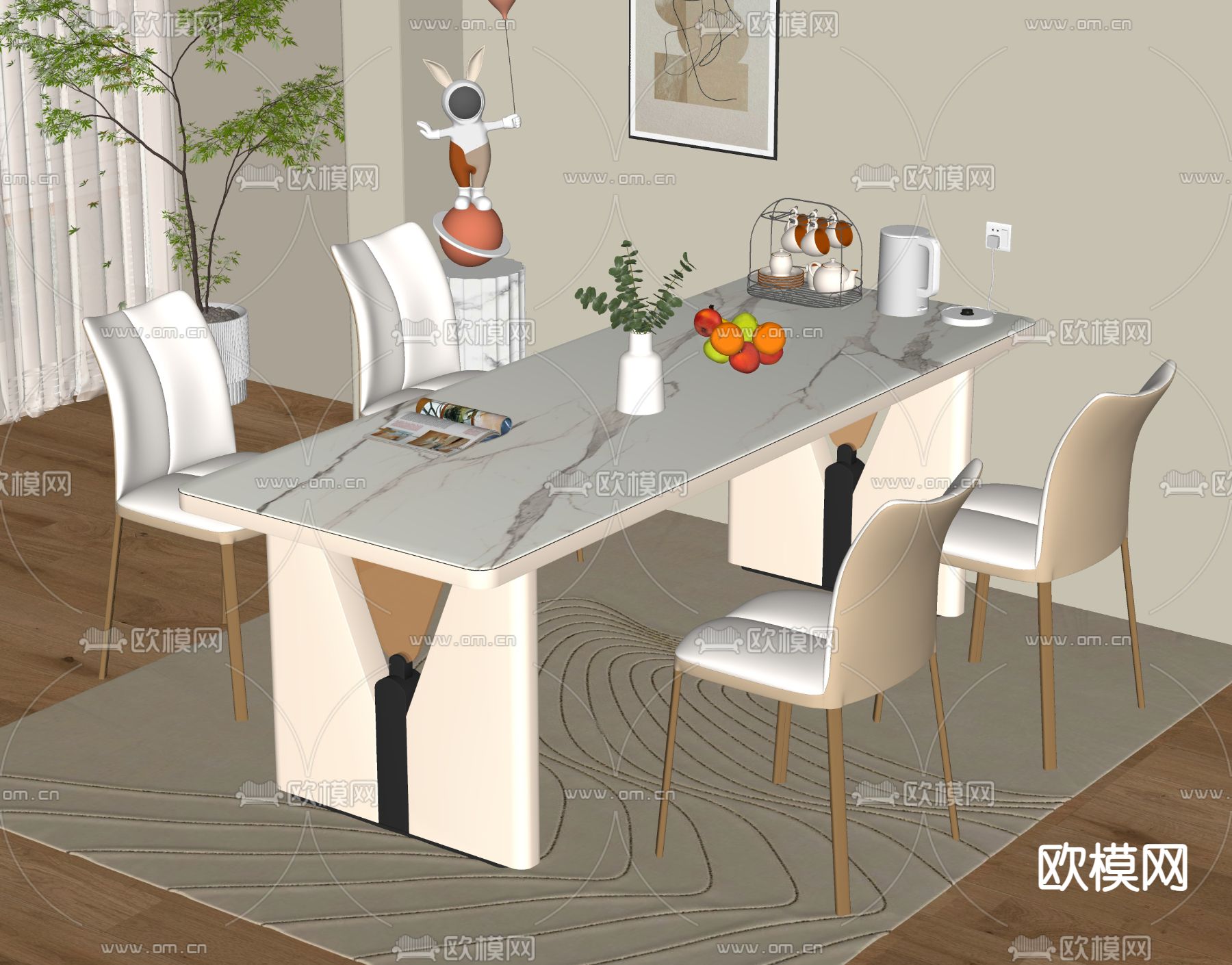 奶油风餐桌椅su模型下载（渲染图2）