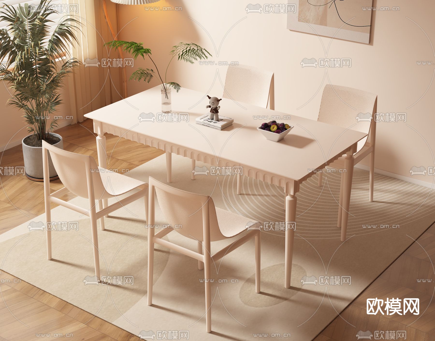 奶油风餐桌椅3d模型下载（渲染图2）