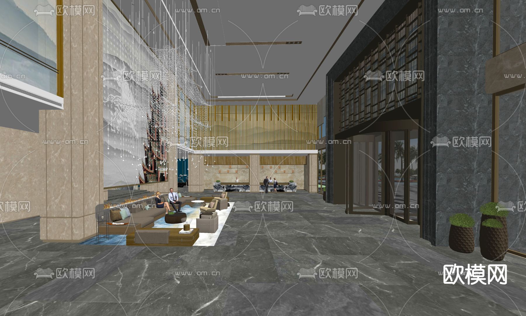 现代酒店大堂su模型下载（渲染图2）
