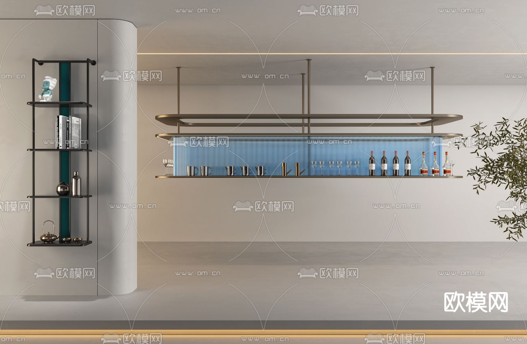 现代酒柜 酒架 悬空置物架3d模型下载（渲染图1）