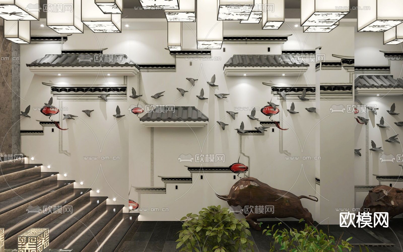 中式文化展厅su模型下载（渲染图1）