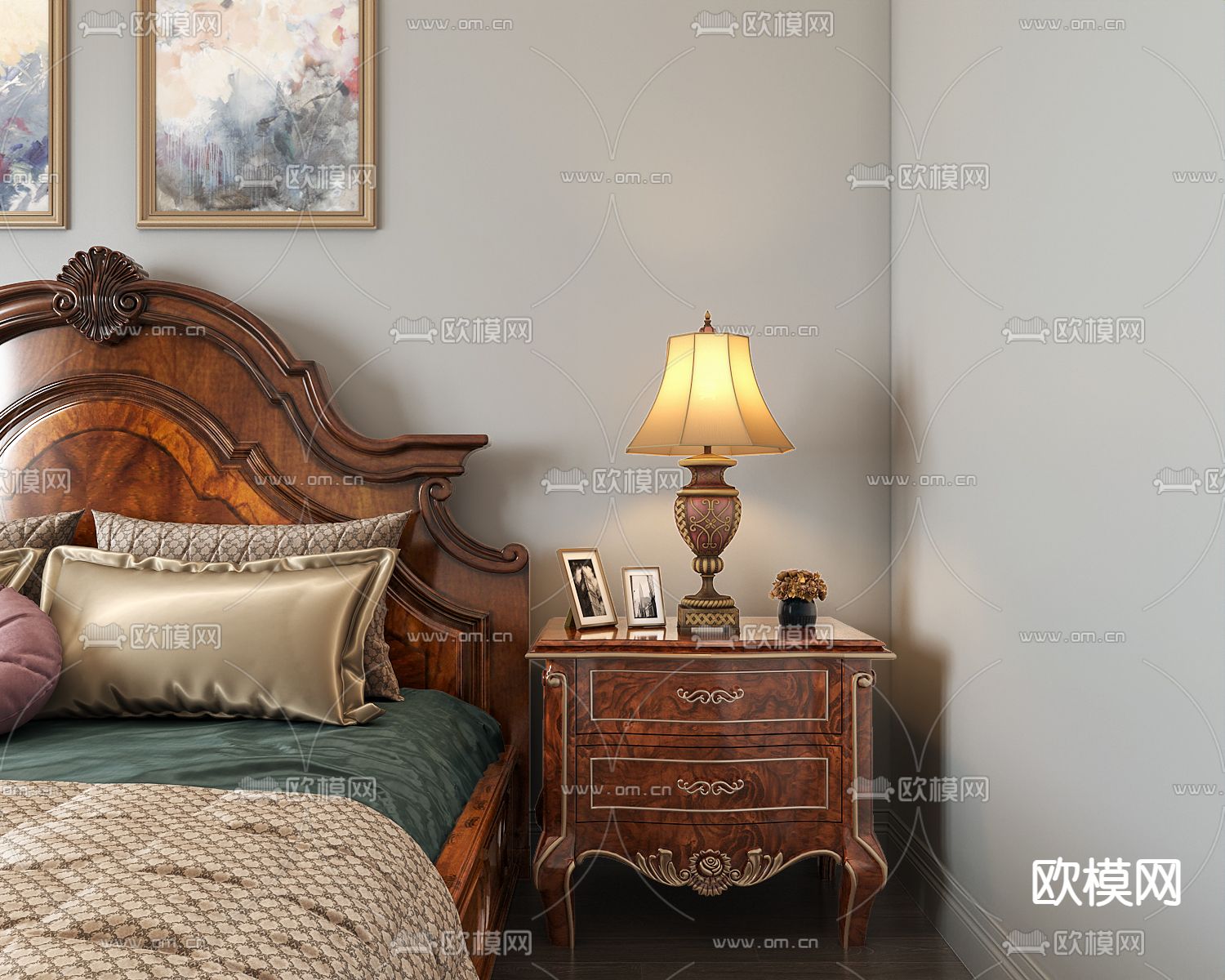 美式卧室 主卧3d模型下载（渲染图2）