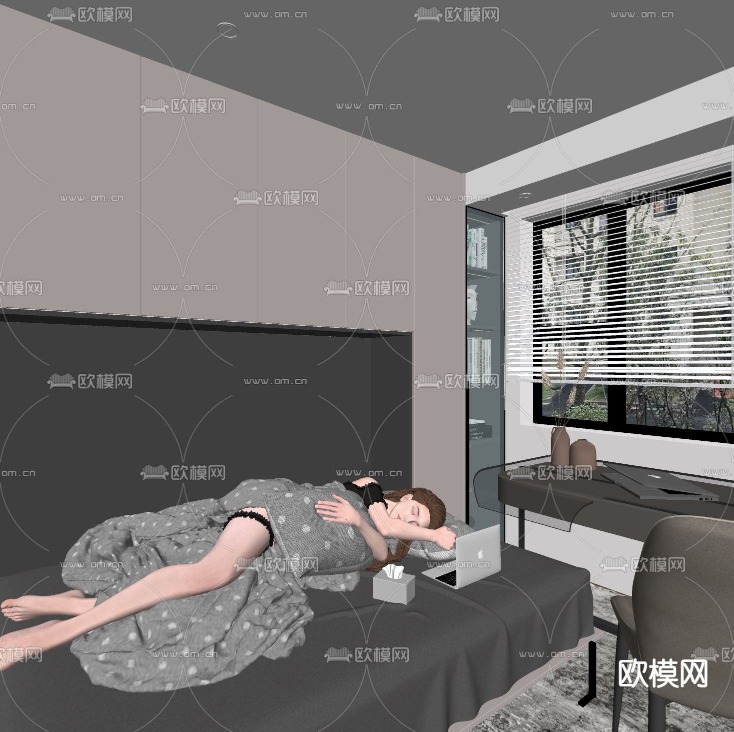 现代书房su模型下载（渲染图2）