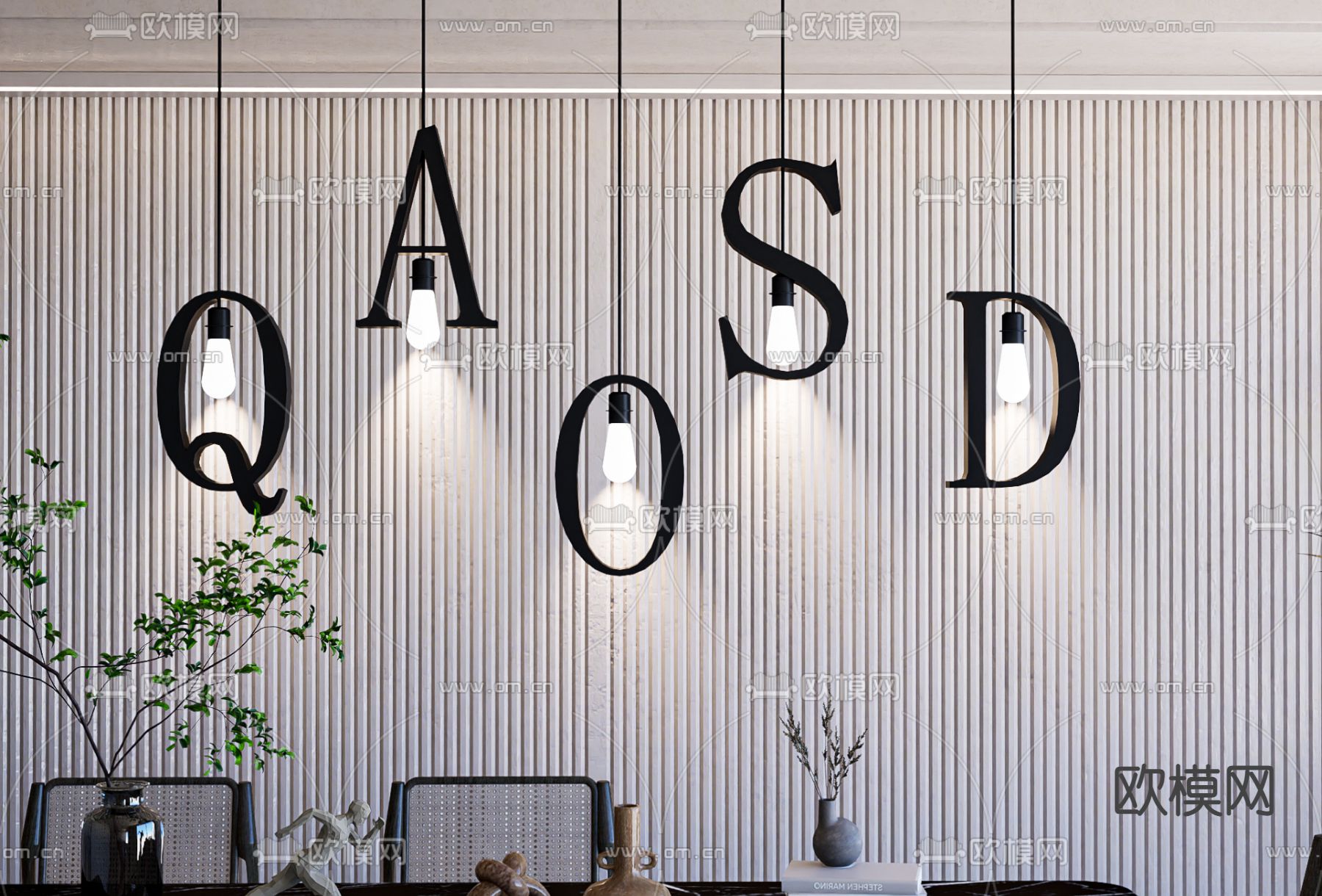 侘寂字母吊灯su模型下载（渲染图1）