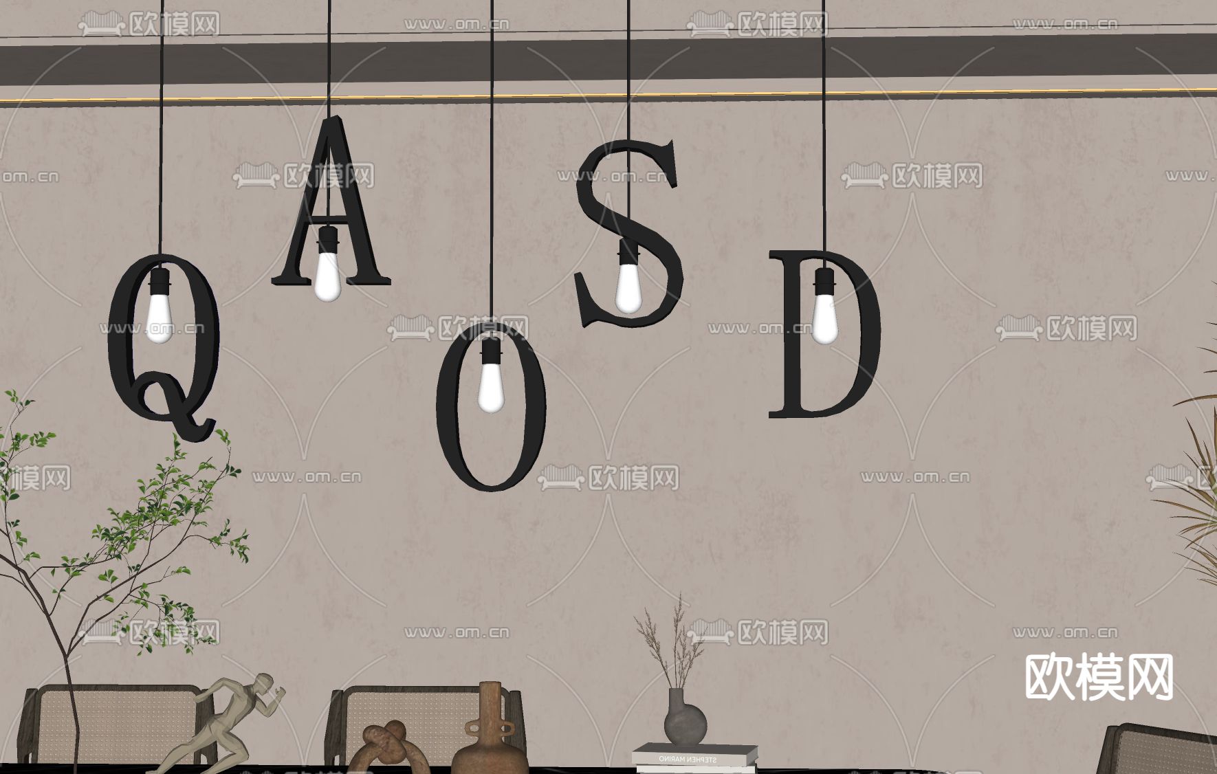 侘寂字母吊灯su模型下载（渲染图2）