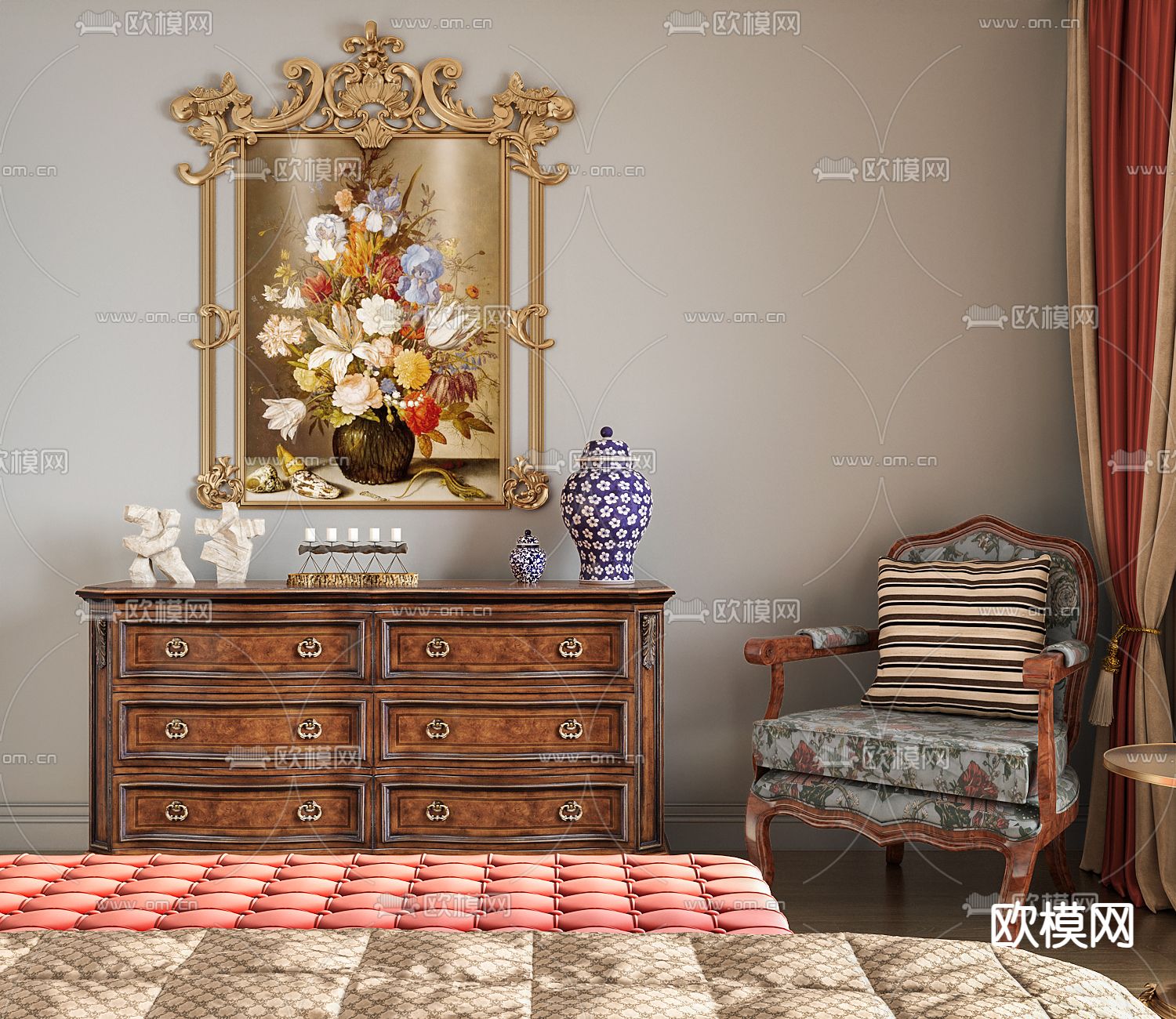 美式卧室 主卧3d模型下载（渲染图3）