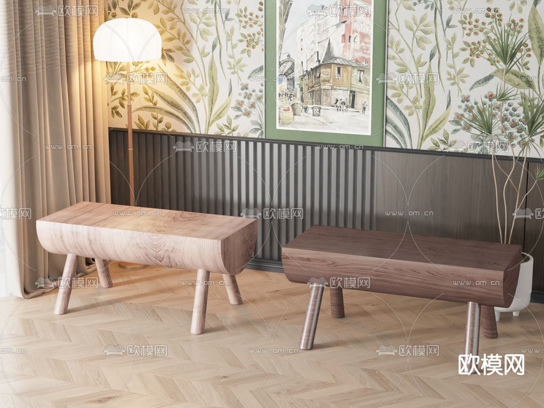 美式凳子 长凳 原木凳3d模型下载