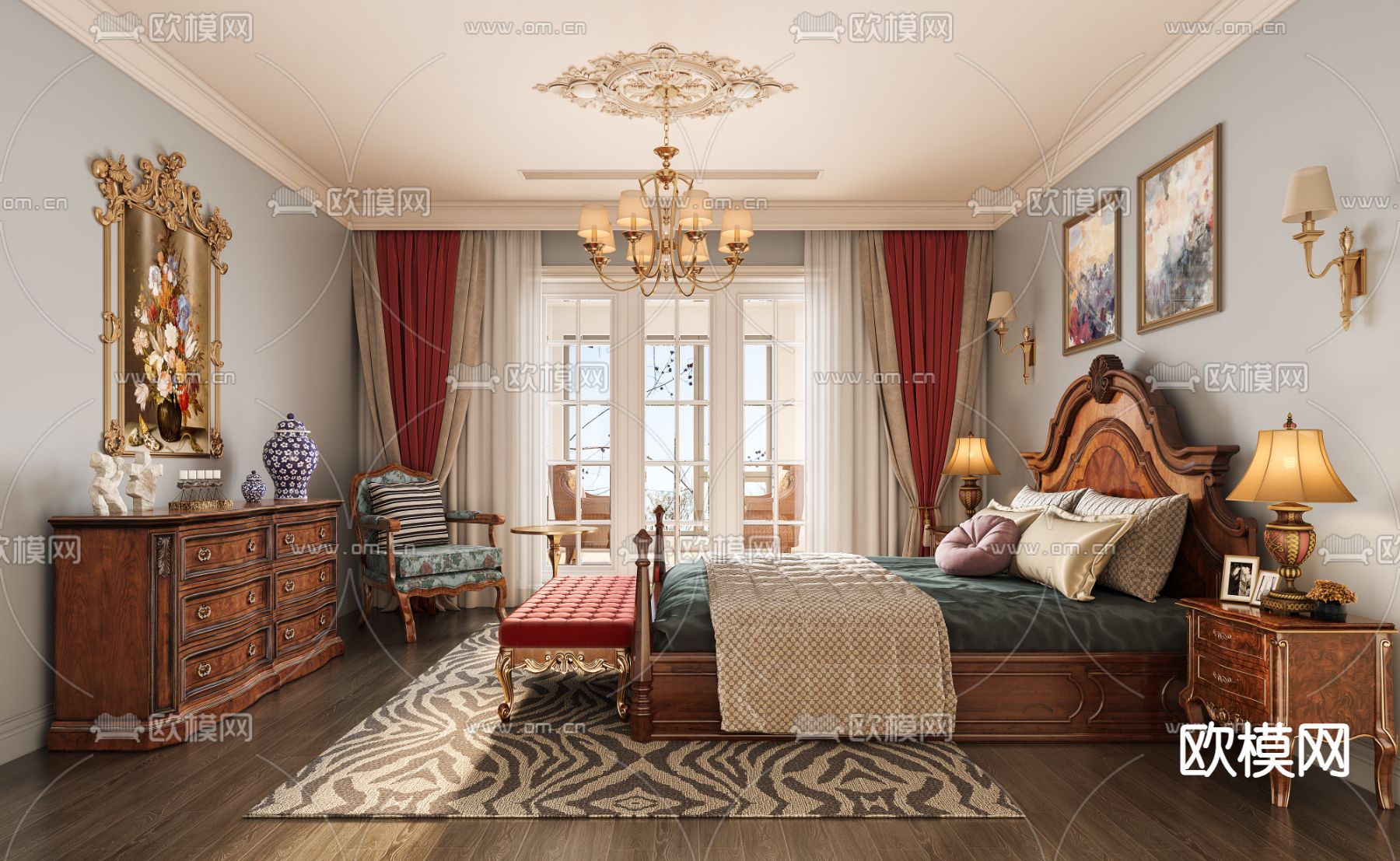 美式卧室 主卧3d模型下载（渲染图1）