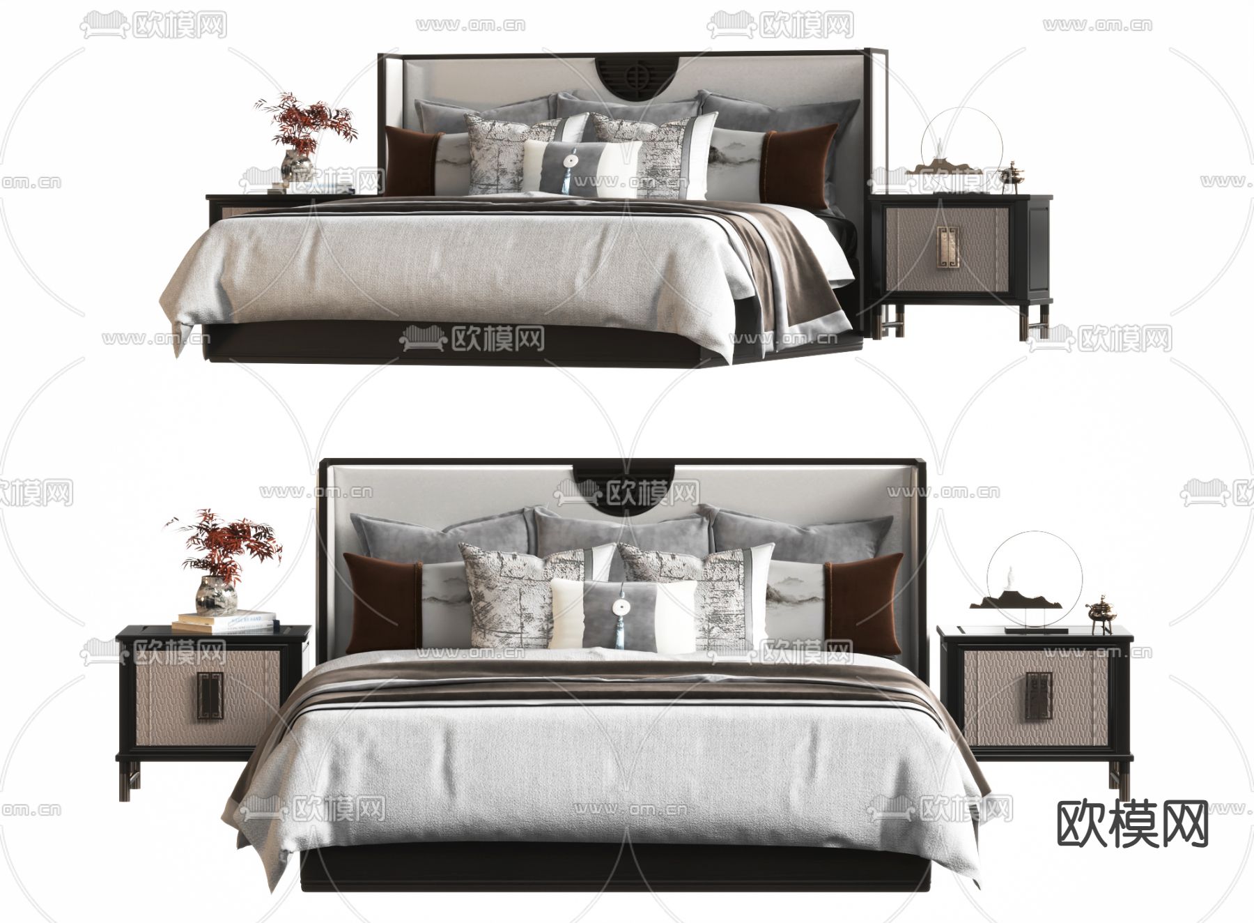 新中式双人床3d模型下载