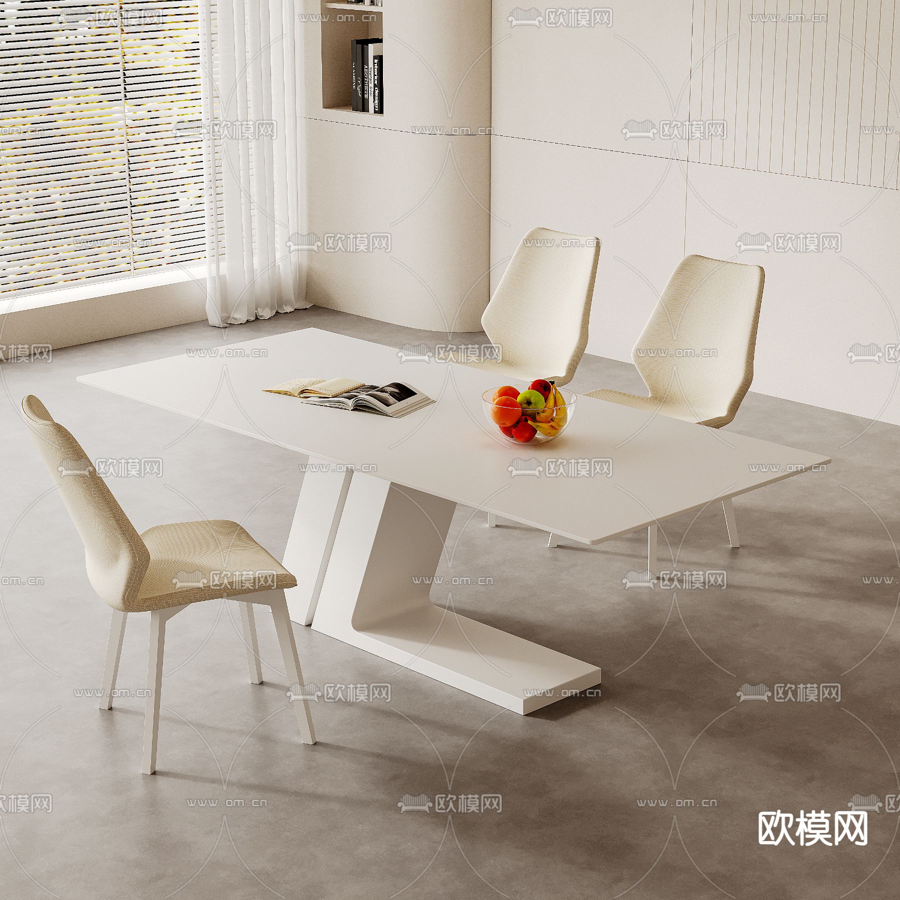 奶油风餐桌椅3d模型下载