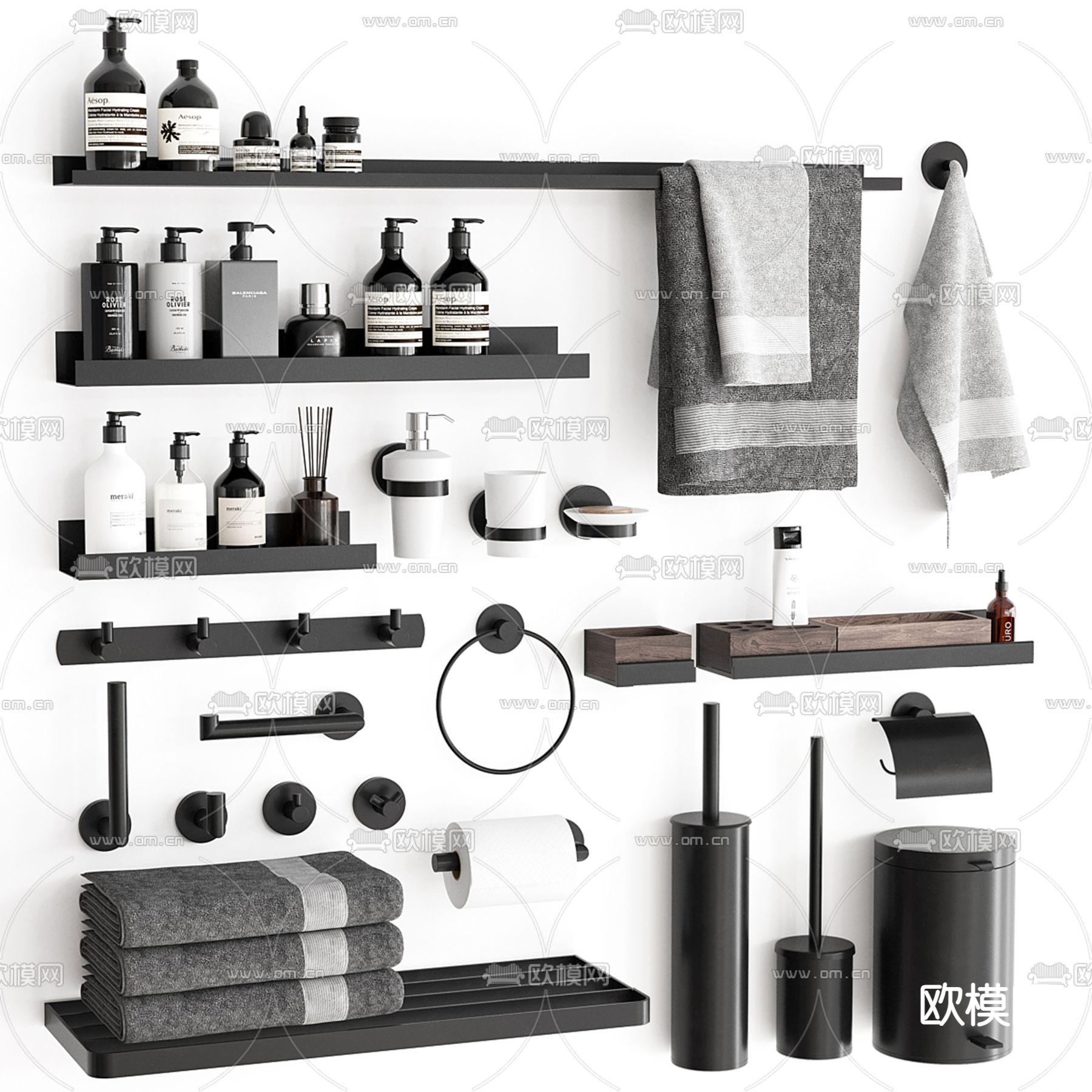 沐浴露 毛巾架 洗浴用品3d模型下载（渲染图1）
