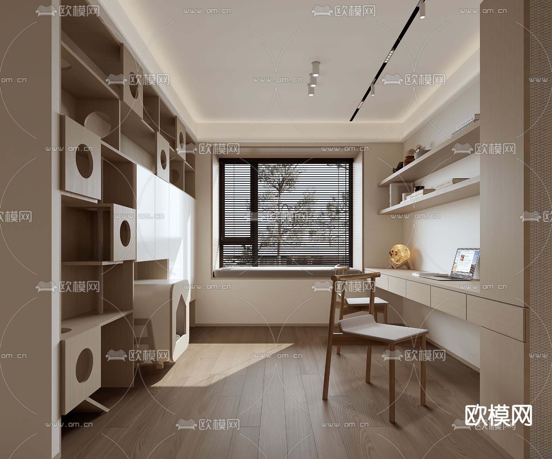 奶油风书房 双人学习房3d模型下载