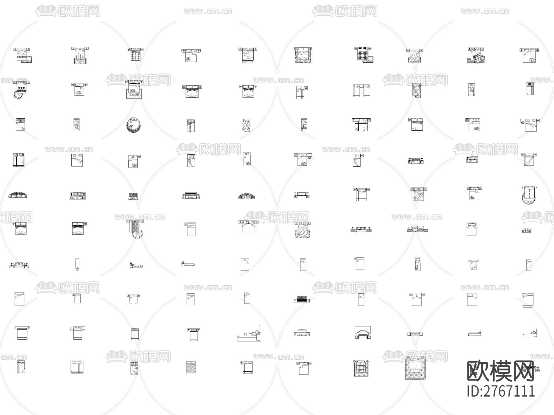 床具品类平立面cad图库下载（渲染图3）