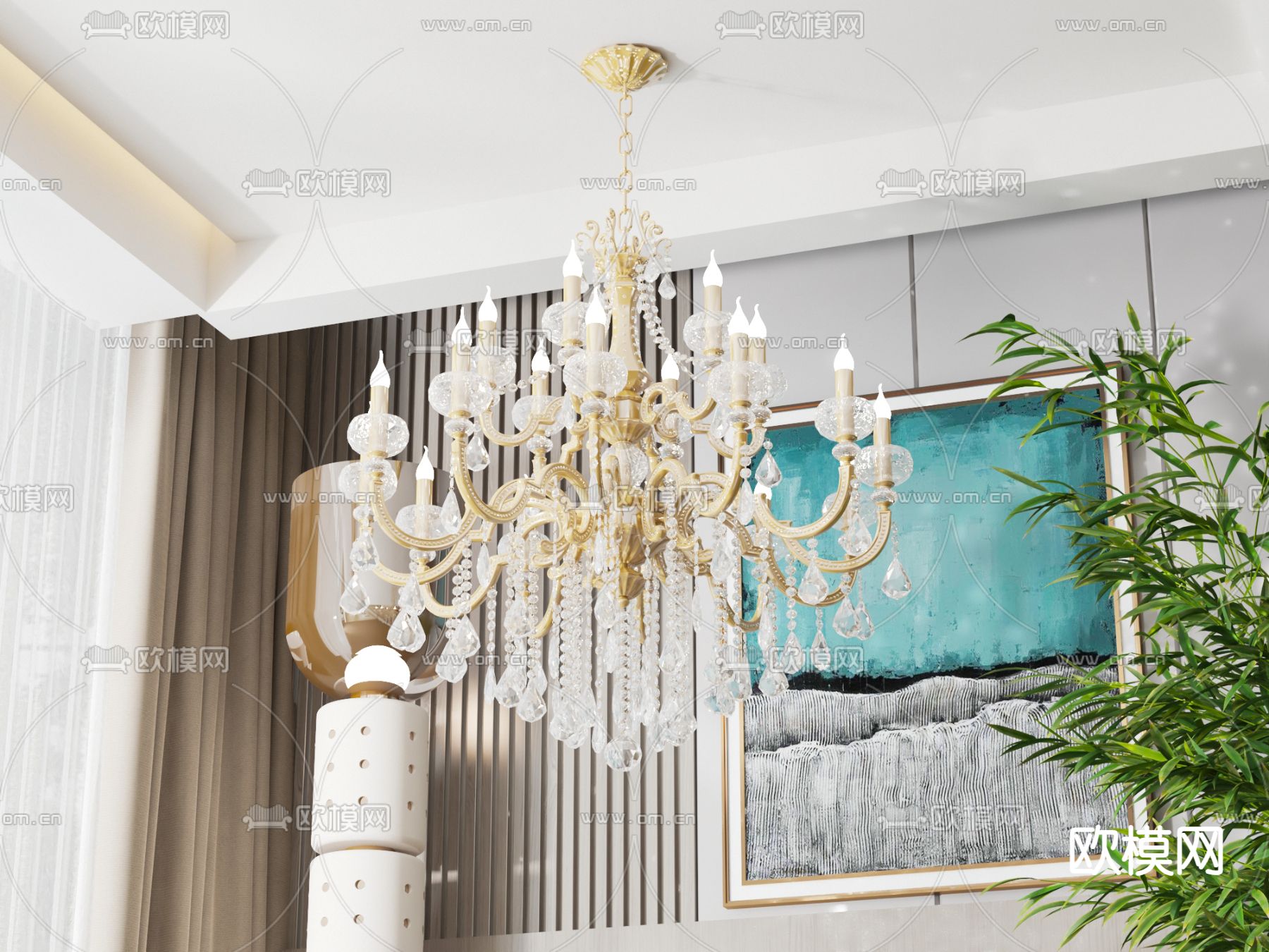 简欧水晶吊灯su模型下载（渲染图1）