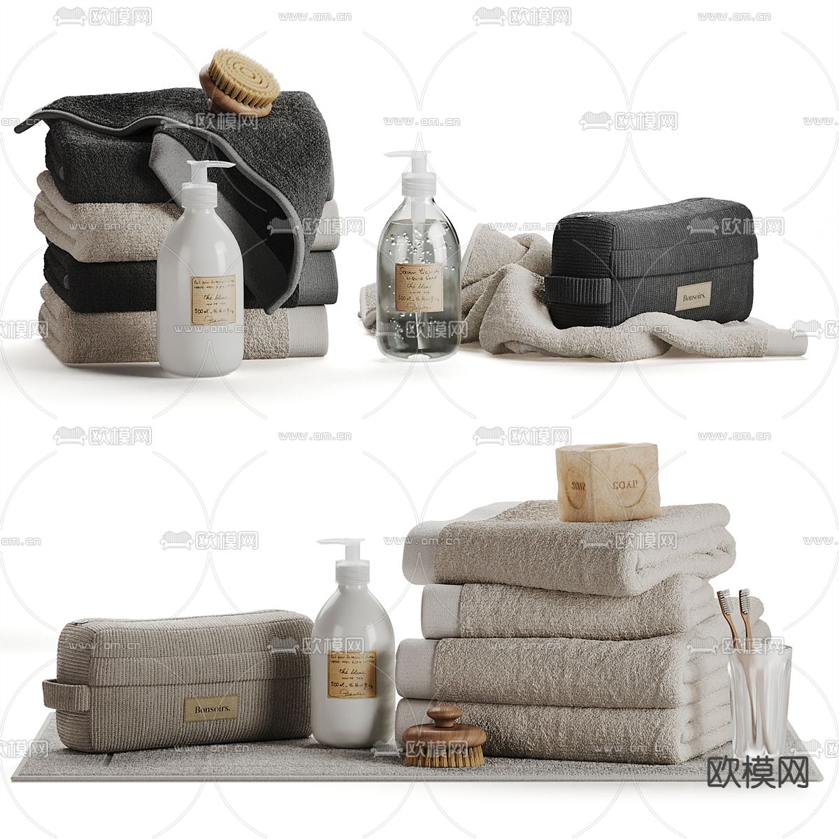 卫浴用品 毛巾 牙刷3d模型下载（渲染图1）