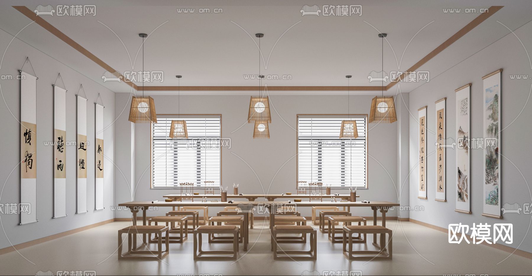 新中式 书法教室su模型下载（渲染图1）