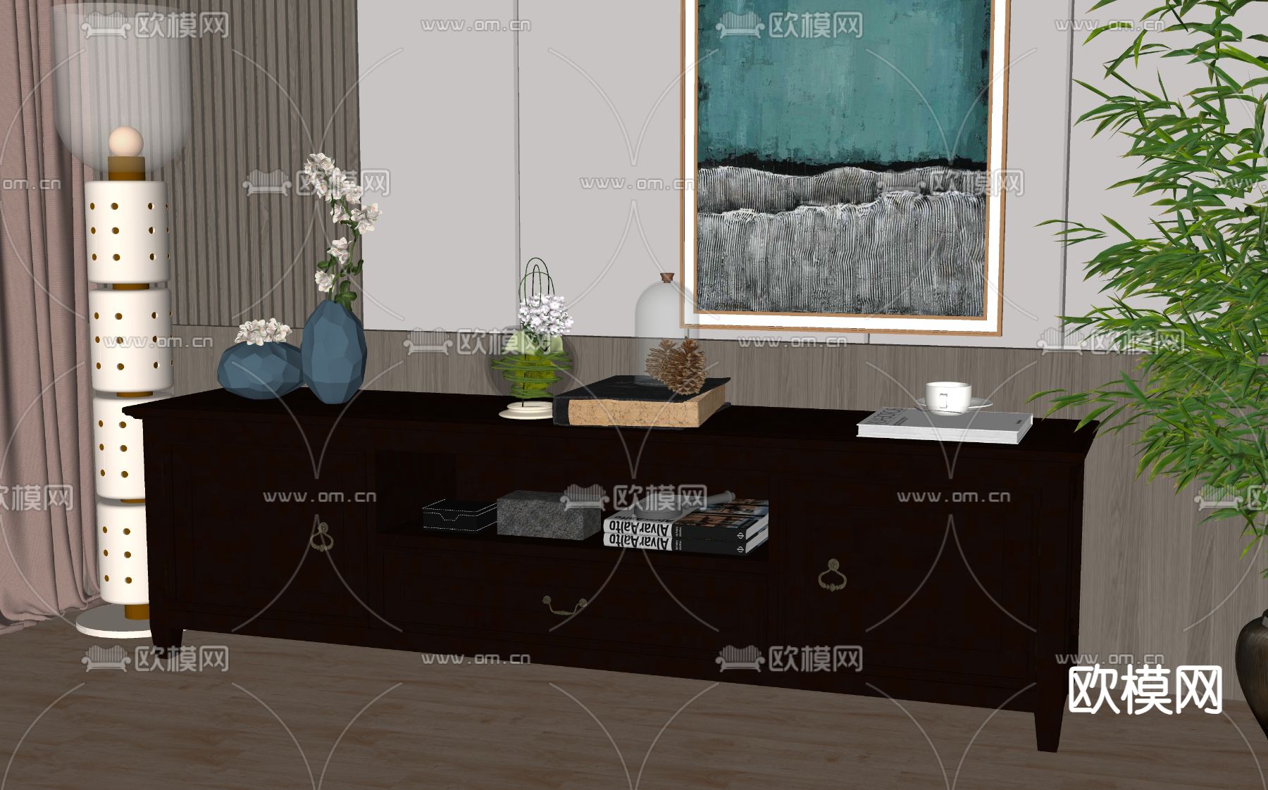 新中式电视柜su模型下载（渲染图2）