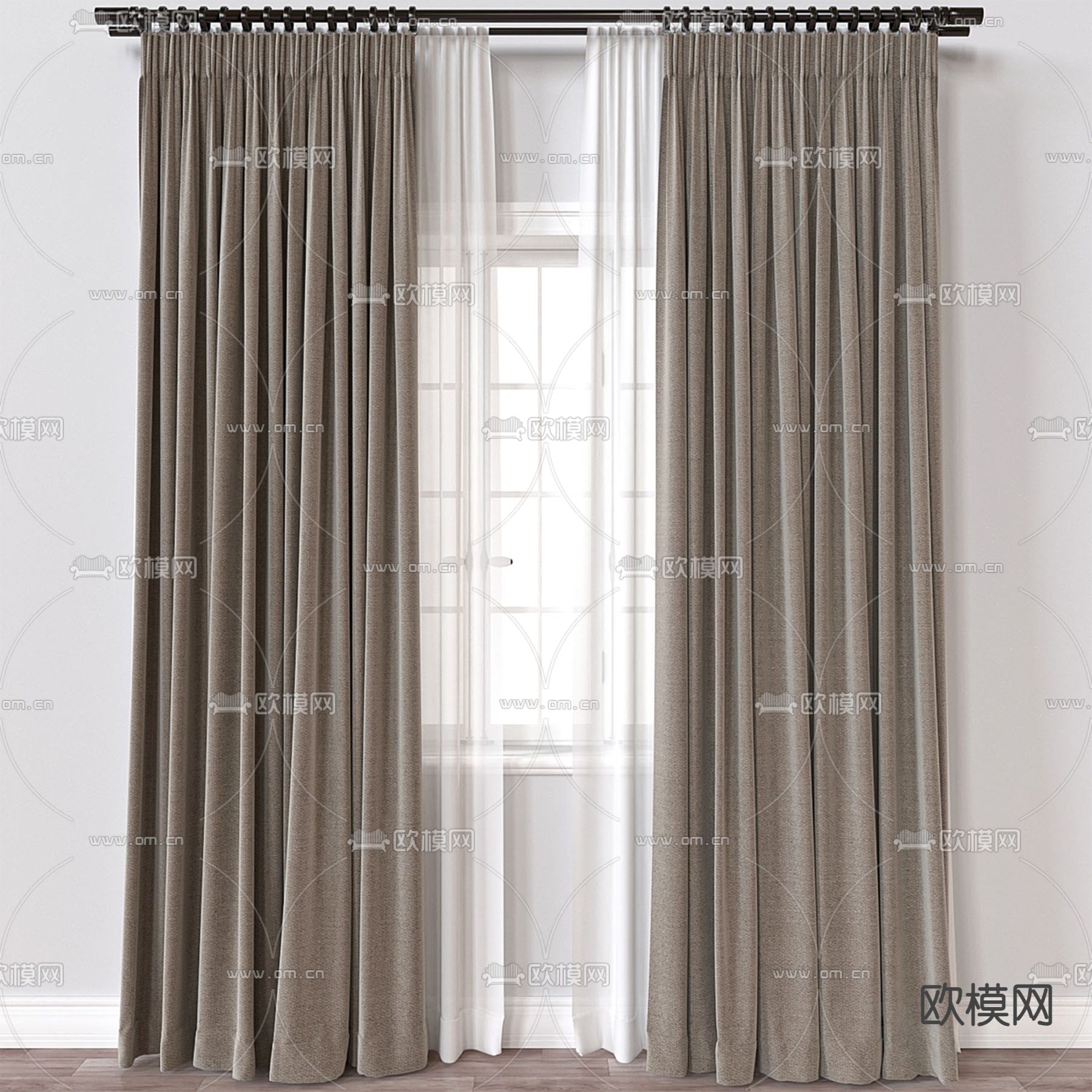现代窗帘 窗纱 窗帘杆3d模型下载（渲染图1）
