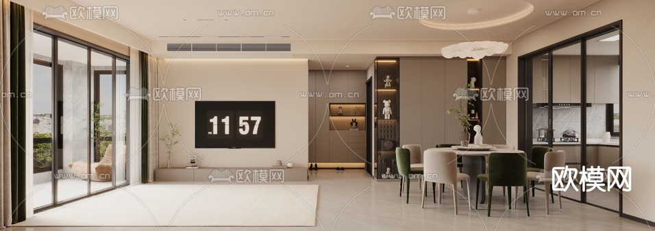 奶油风客厅 餐厅3d模型下载(渲染图2)