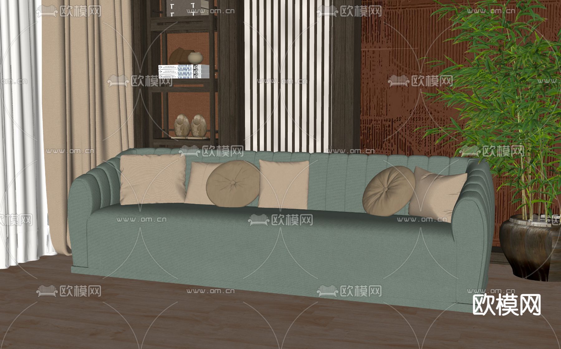 新中式多人沙发su模型下载（渲染图2）