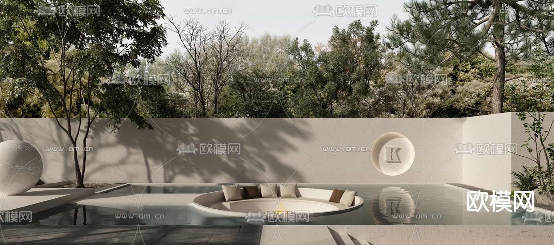 侘寂庭院 游泳池su模型下载（渲染图1）