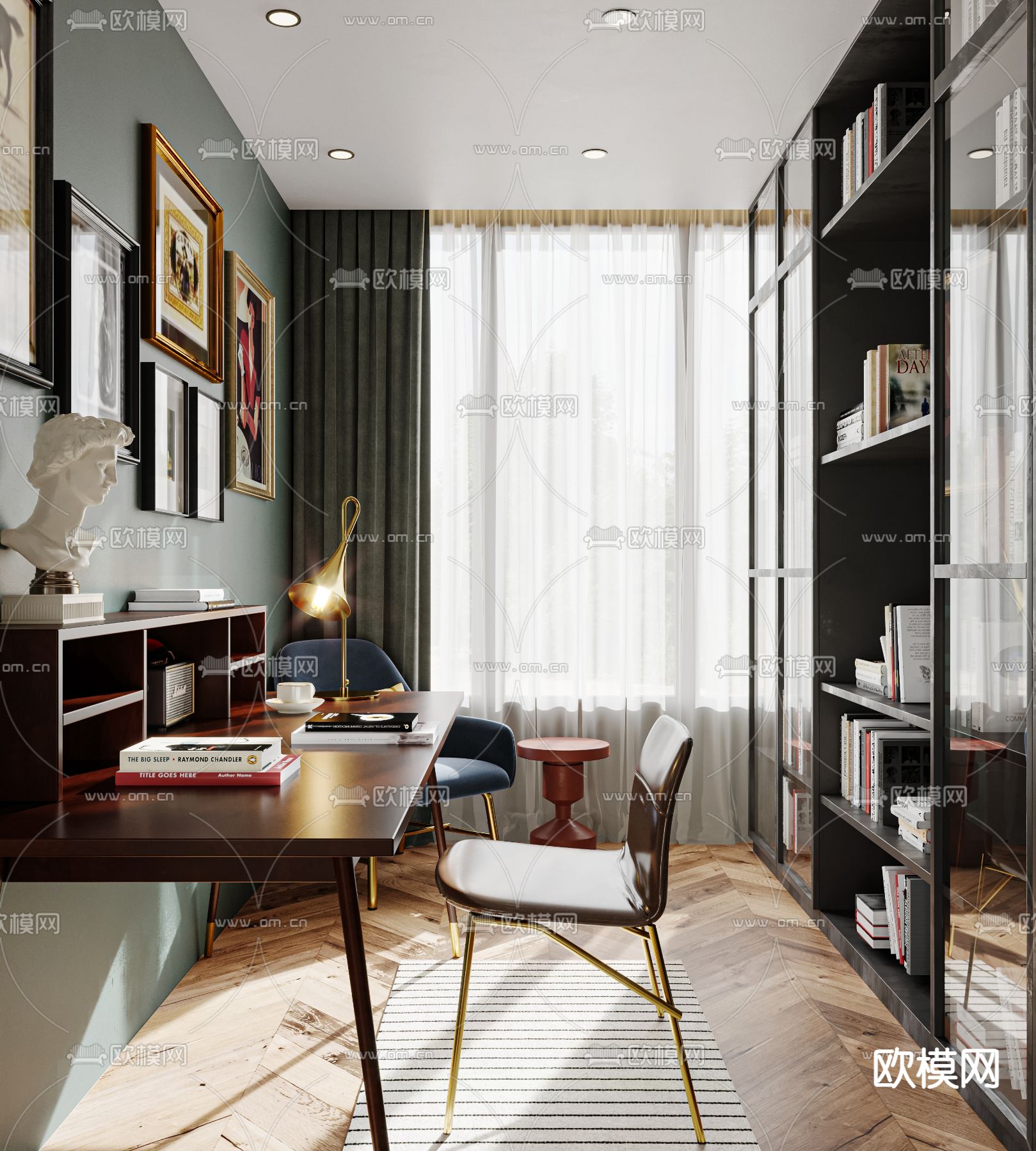 法式书房 学习房su模型下载（渲染图1）