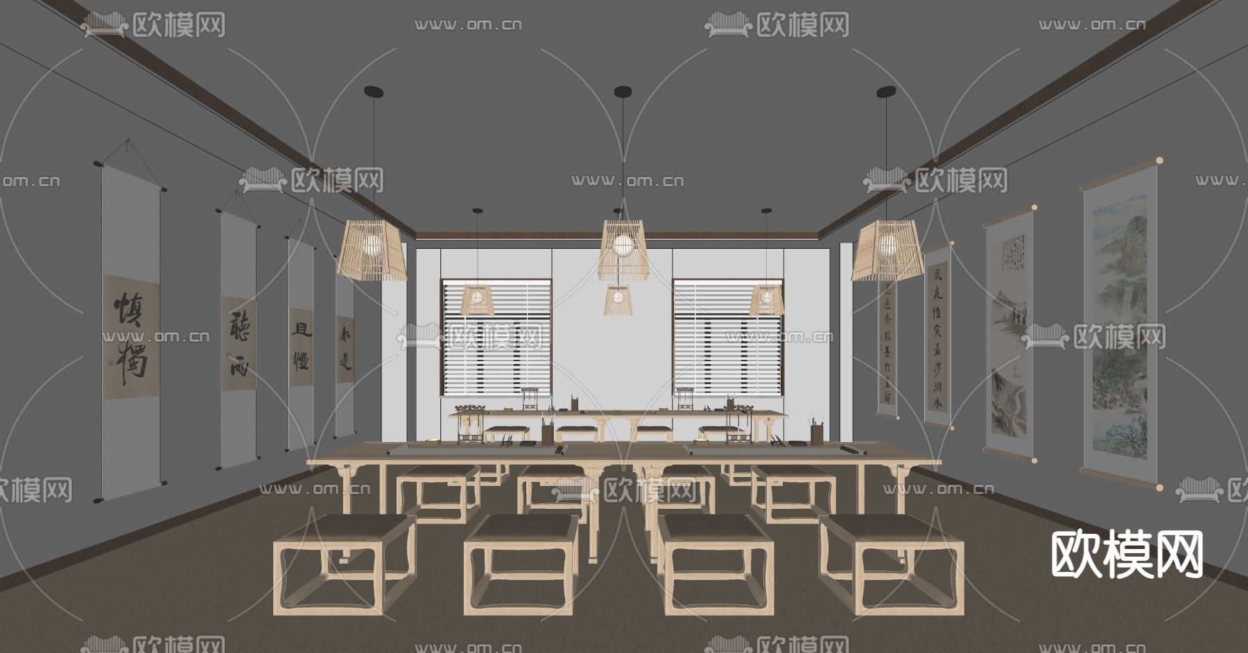 新中式 书法教室su模型下载（渲染图2）