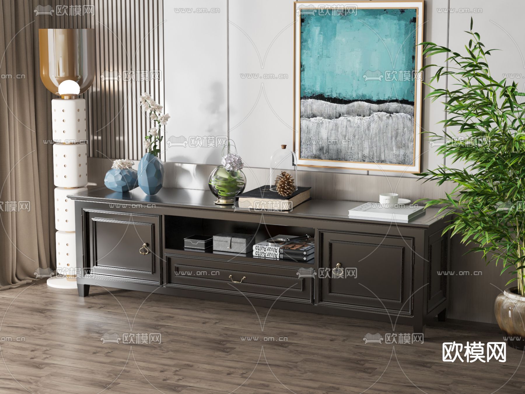 新中式电视柜su模型下载（渲染图1）