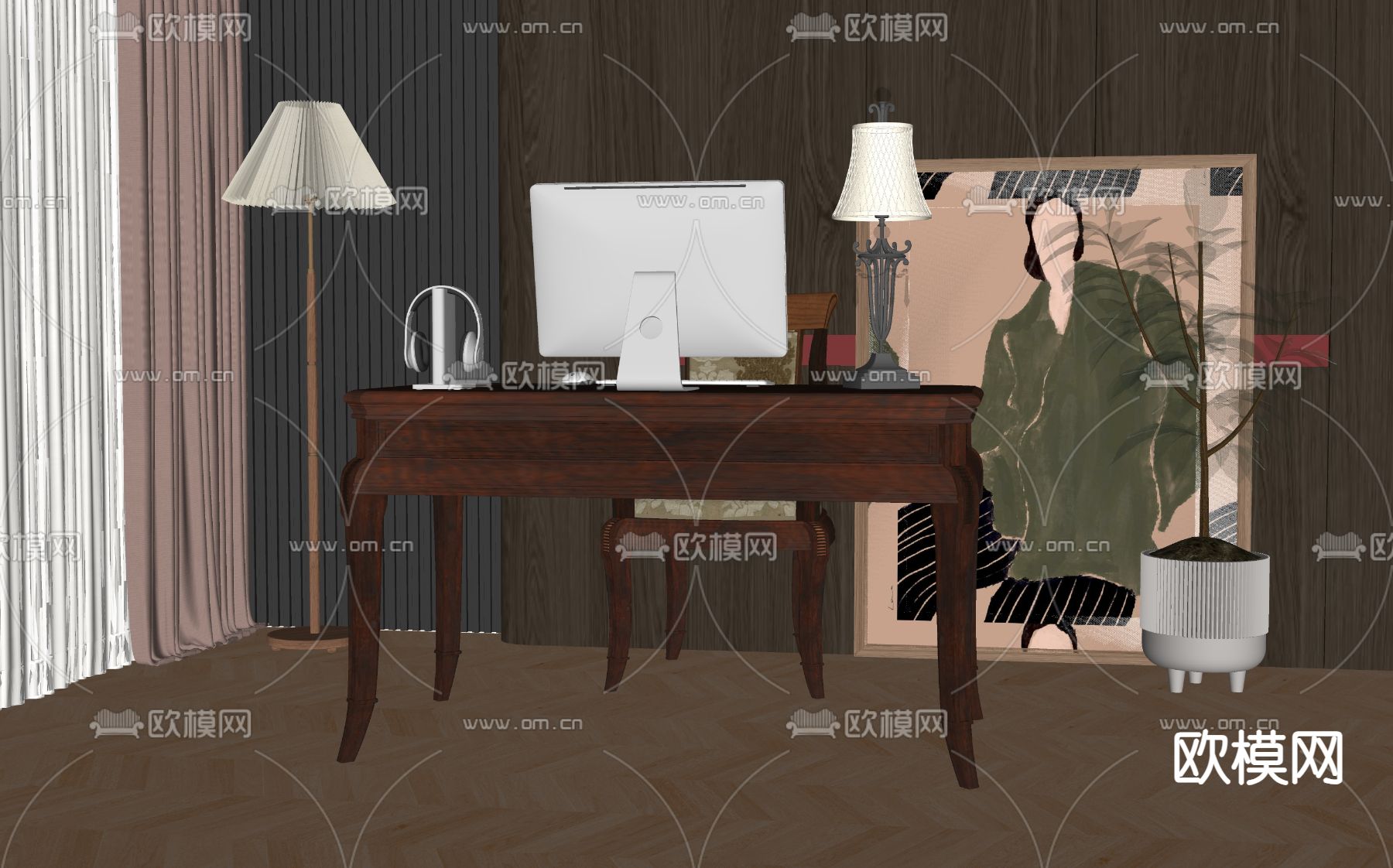 新中式办公桌椅su模型下载（渲染图2）