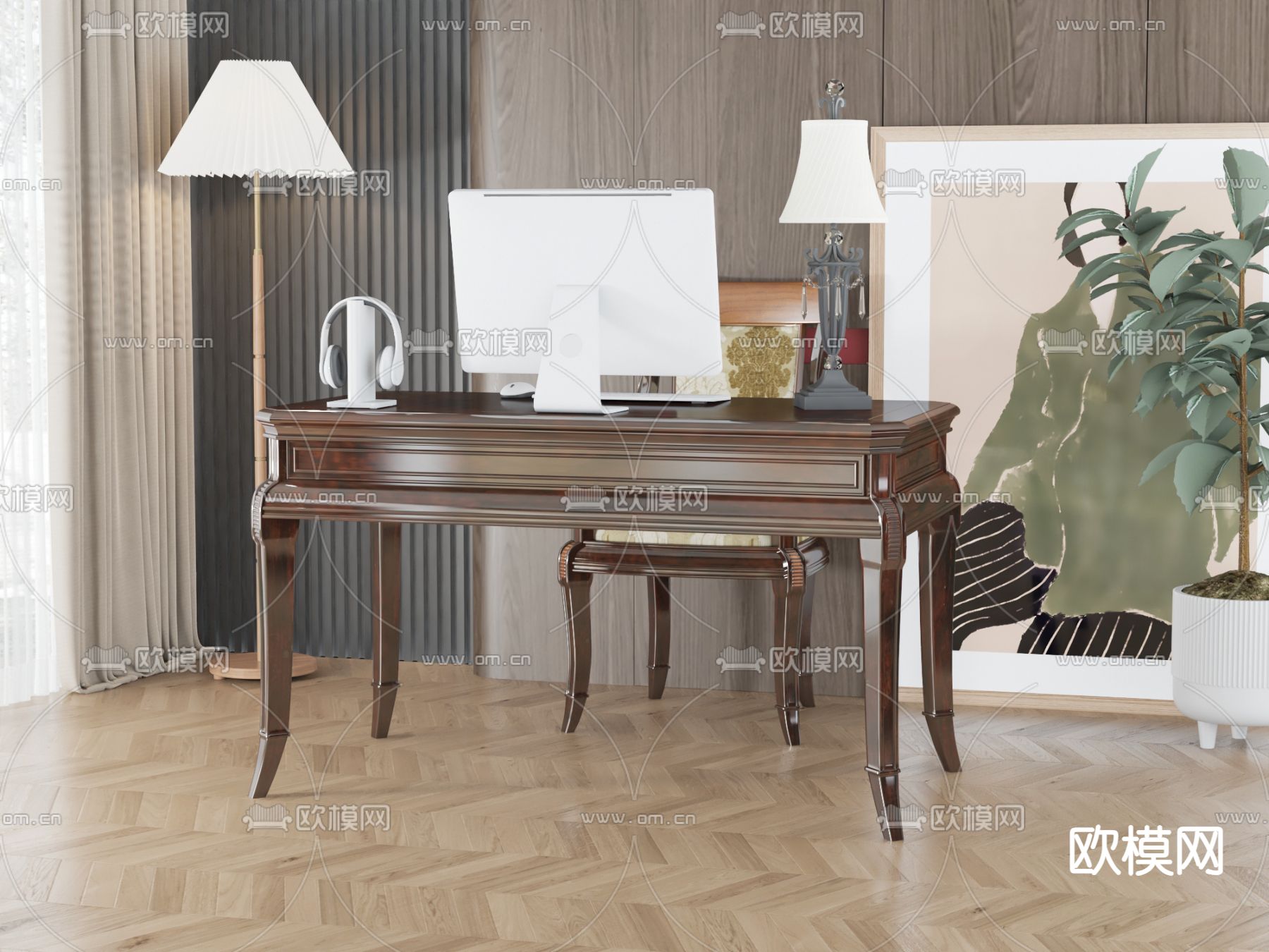 新中式办公桌椅su模型下载（渲染图1）