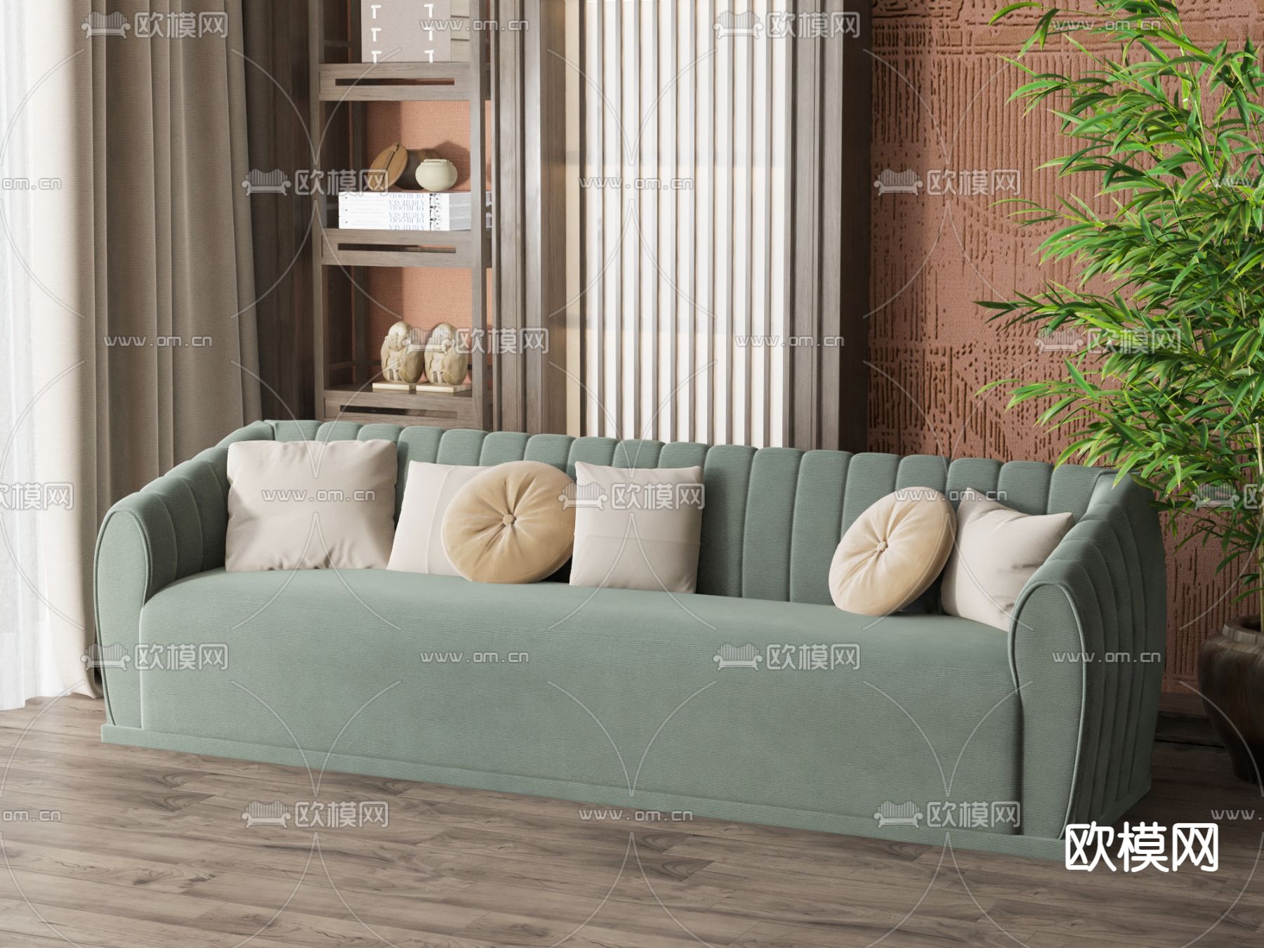 新中式多人沙发su模型下载（渲染图1）