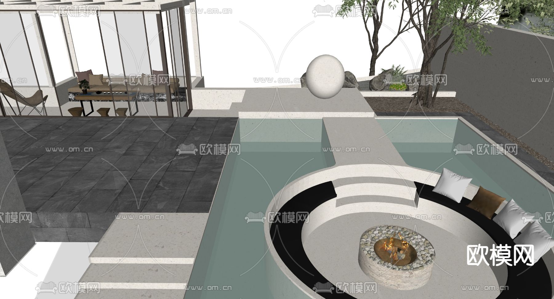 侘寂庭院 游泳池su模型下载（渲染图3）
