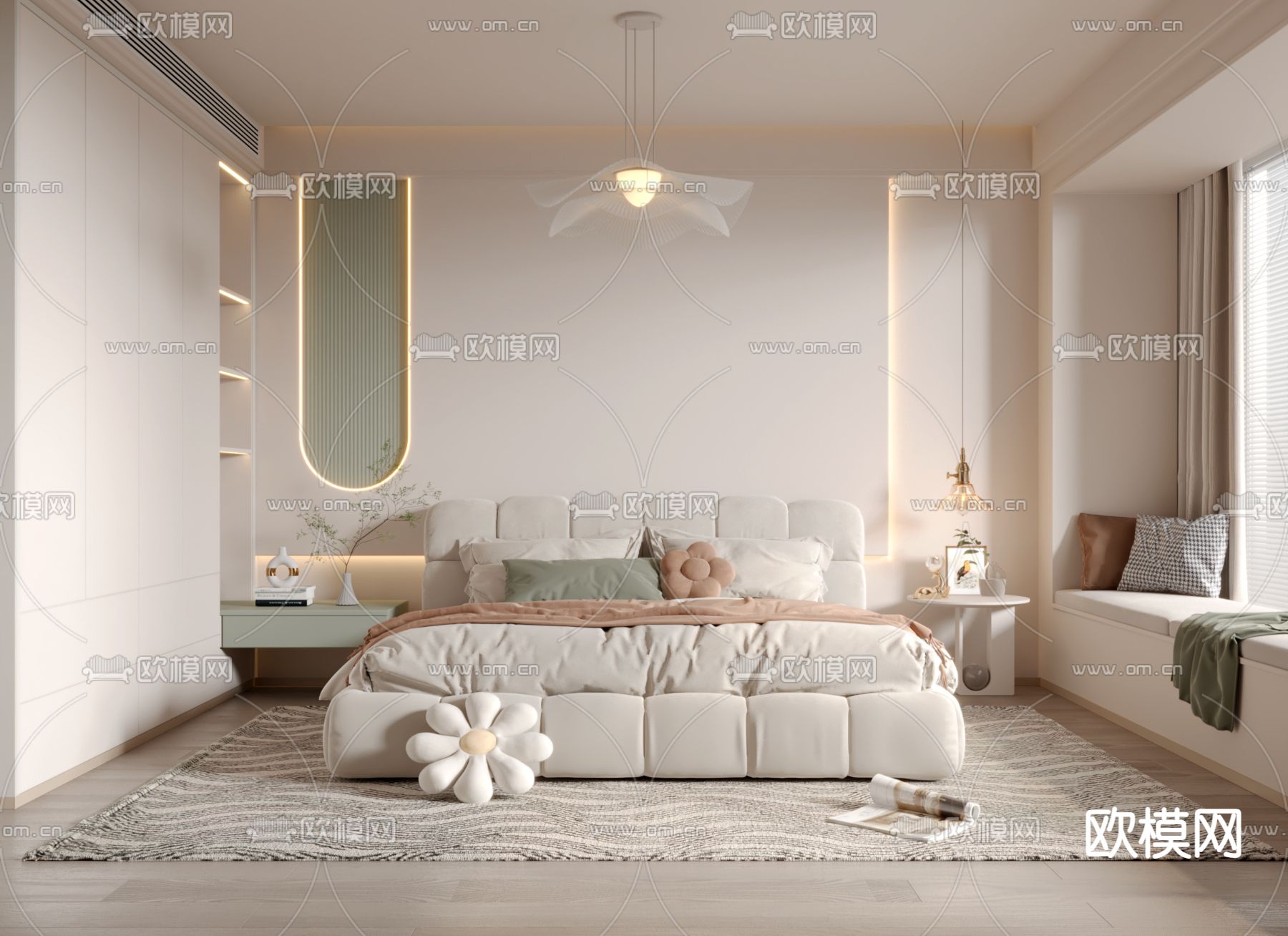 奶油风卧室 主卧su模型下载（渲染图1）