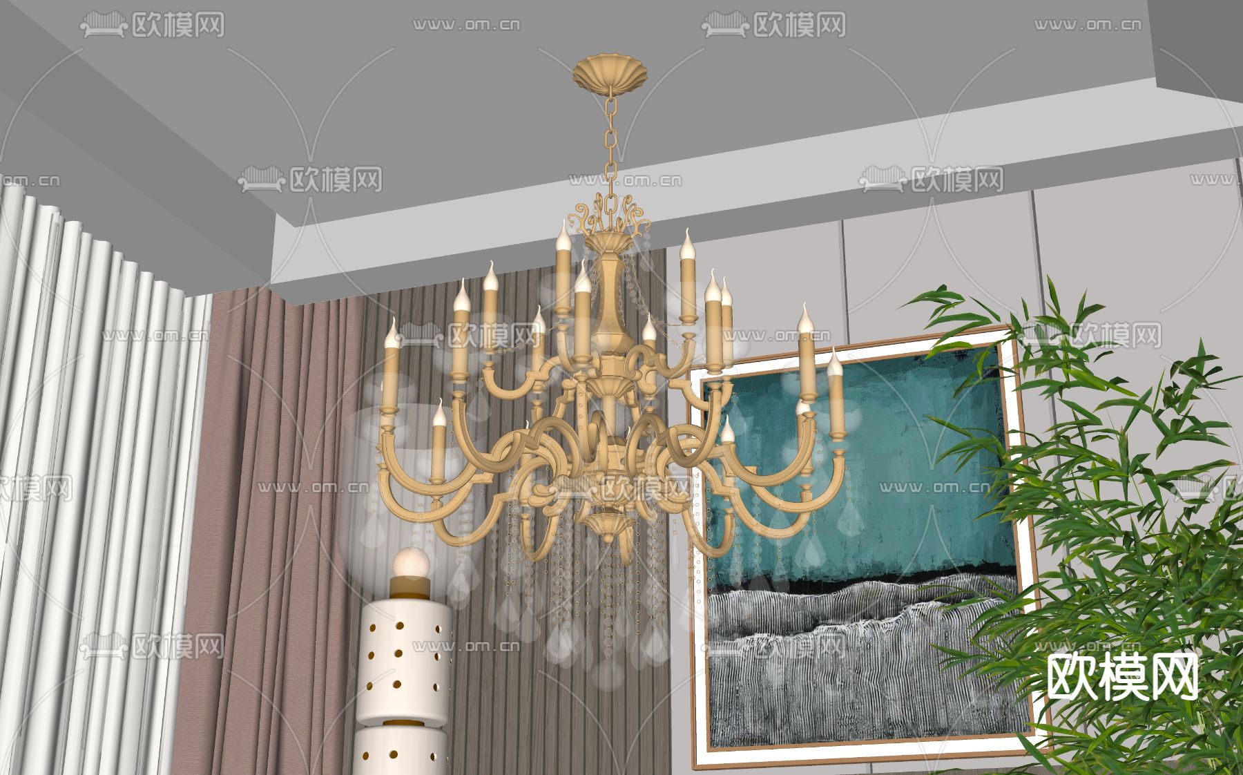 简欧水晶吊灯su模型下载（渲染图2）