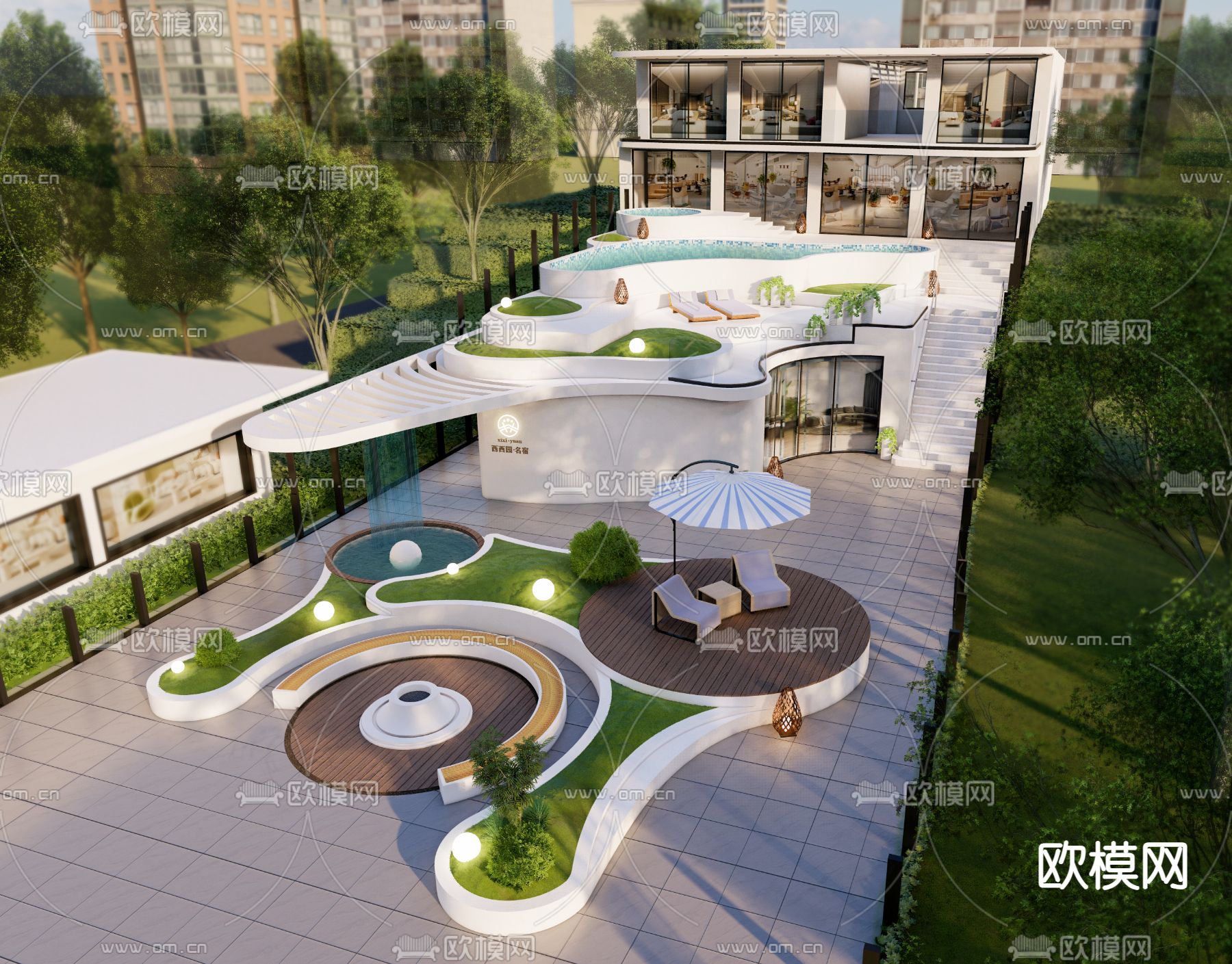 民宿庭院景观su模型下载（渲染图1）