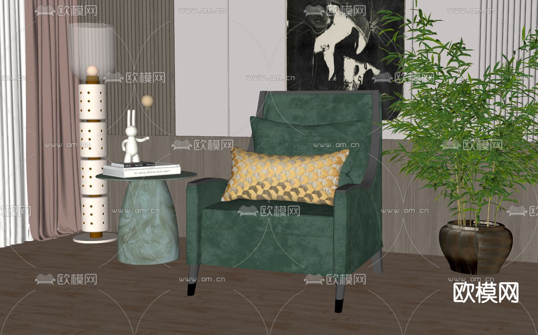 新中式休闲椅su模型下载（渲染图2）