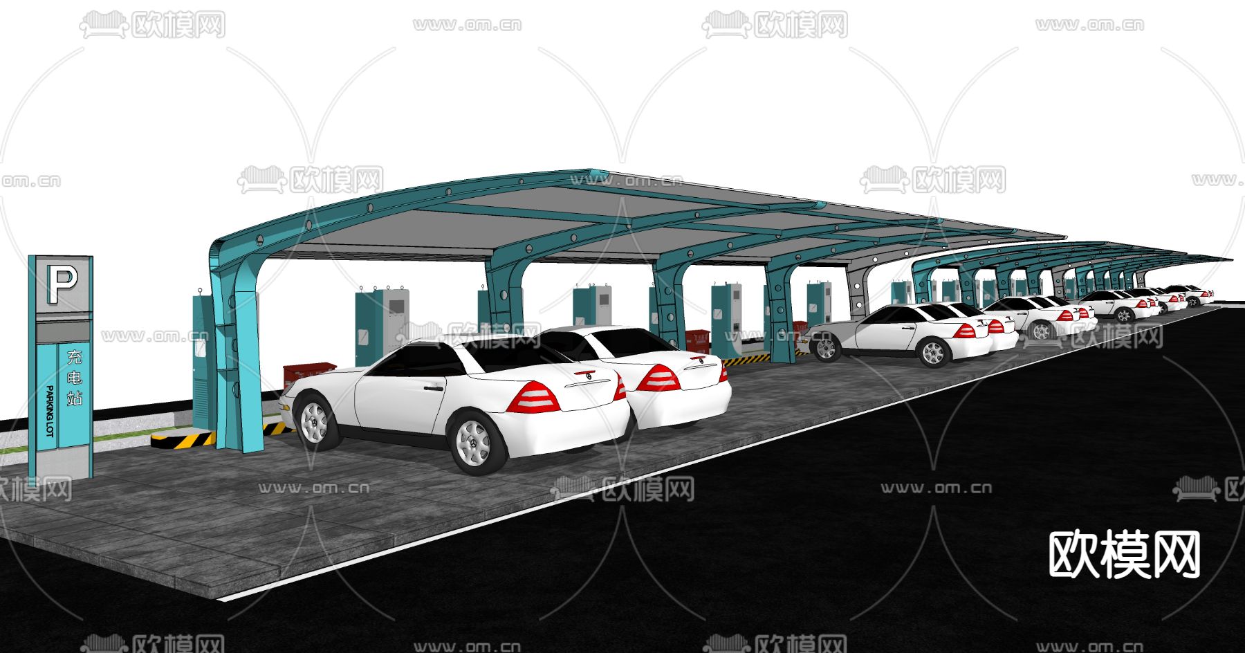 汽车充电桩 电动汽车停车棚su模型下载（渲染图2）