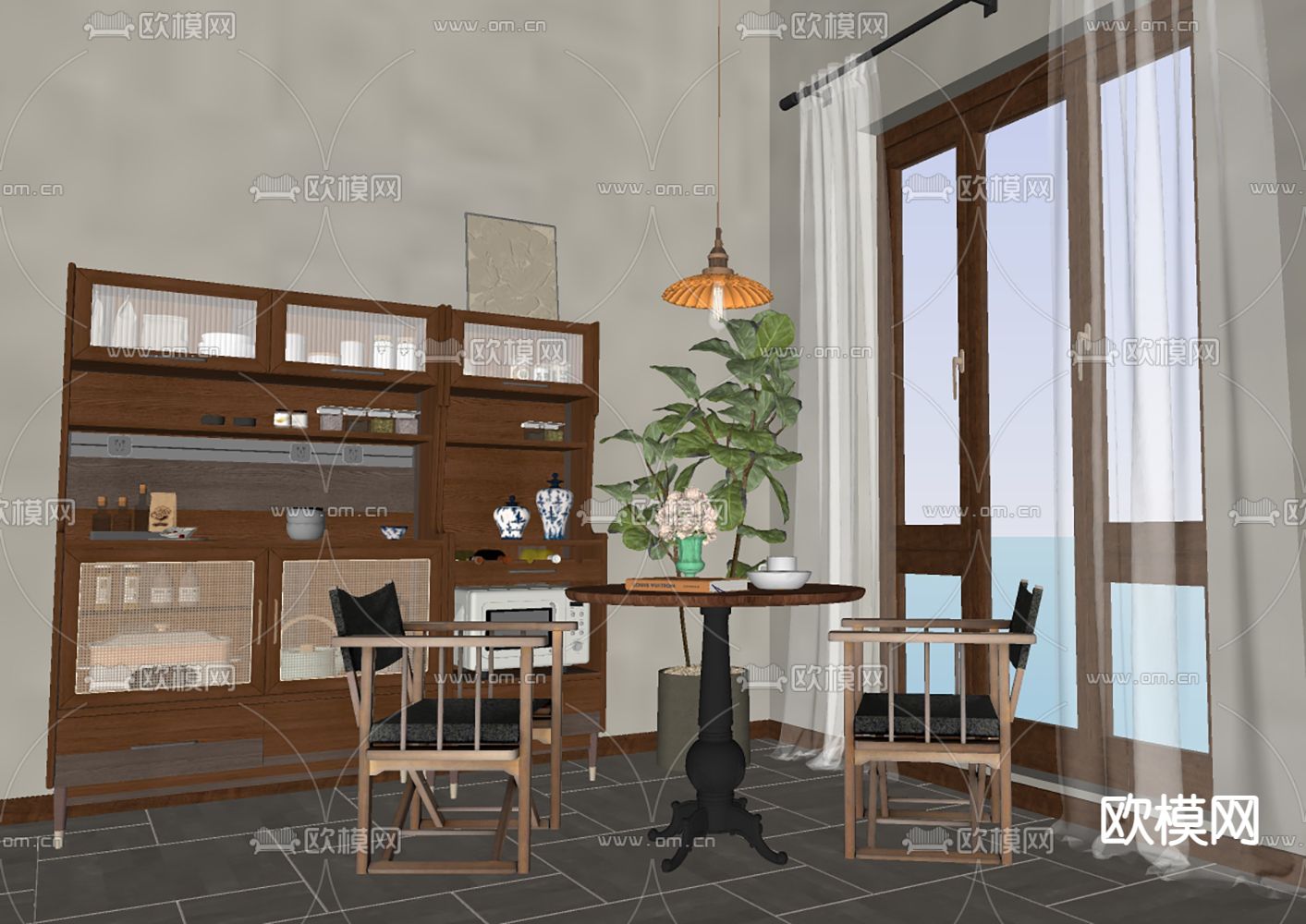 中古风餐厅su模型下载（渲染图2）