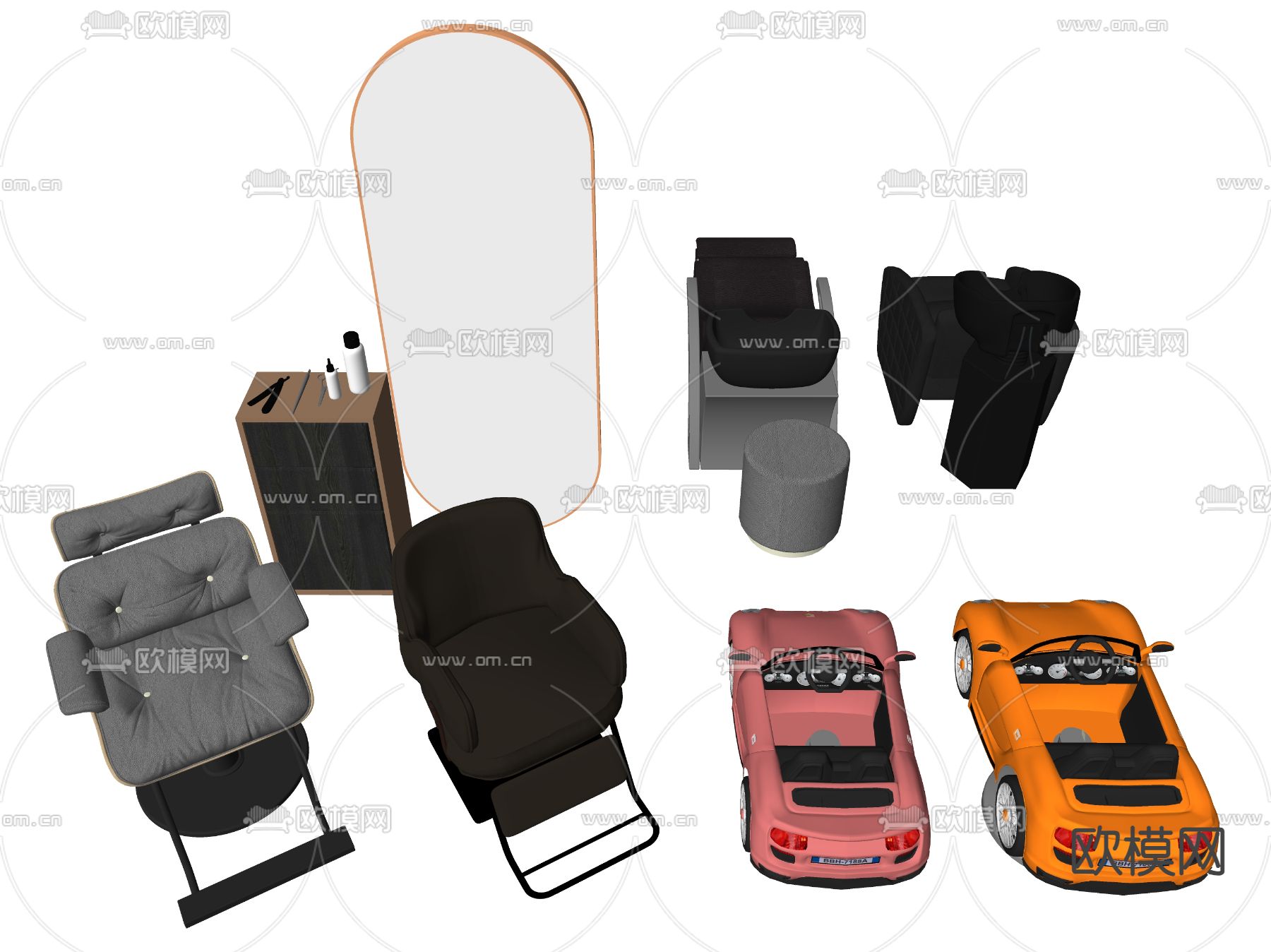 理发椅 洗头床 工具柜su模型下载（渲染图2）