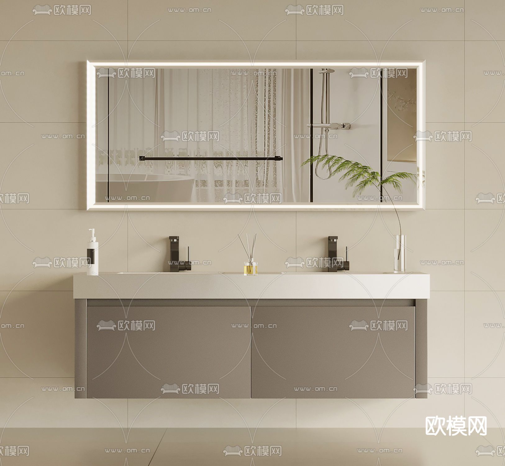 奶油风浴室柜su模型下载（渲染图1）